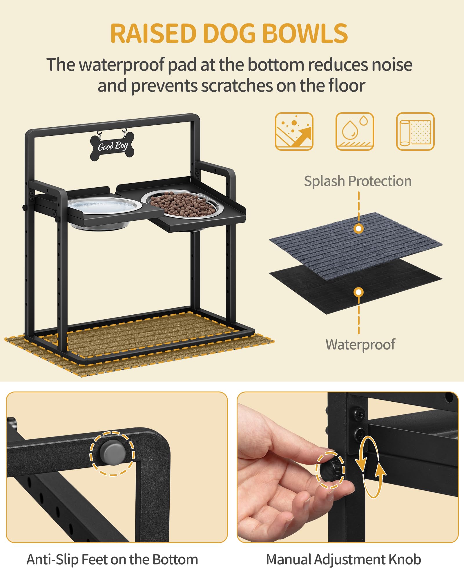 Hzuaneri Cuencos elevados para Perros, 6 tazones de Altura Ajustable con 2 Cuencos de Acero Inoxidable de 2000 ml, Comedero para Perros Grandes, Negro PB89099B