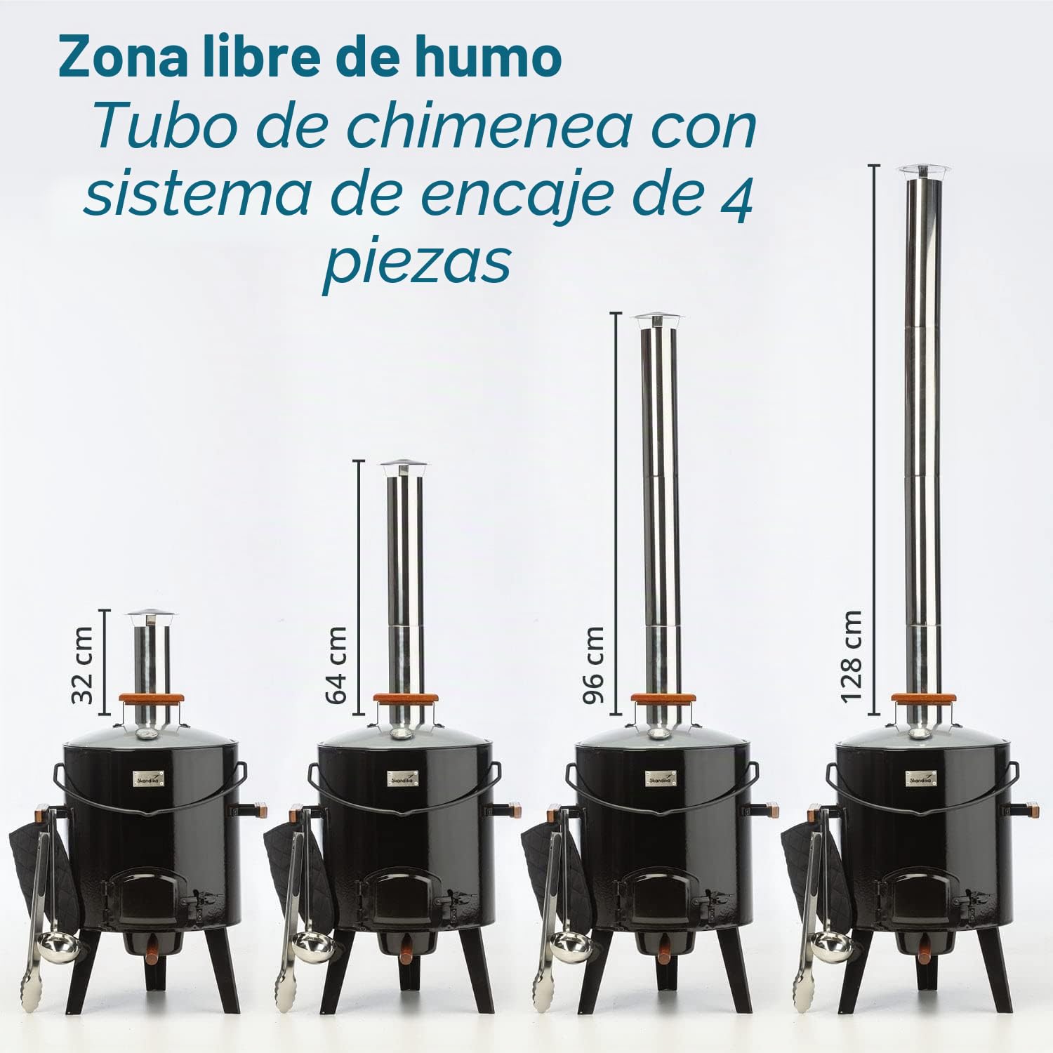 Skandika Olla/Horno Húngaro para 14 litros, termómetro en la tapa, accesorios, cucharón sopa, guante horno, pinzas y parrilla para barbacoa, asas de madera, tubo de chimenea variable