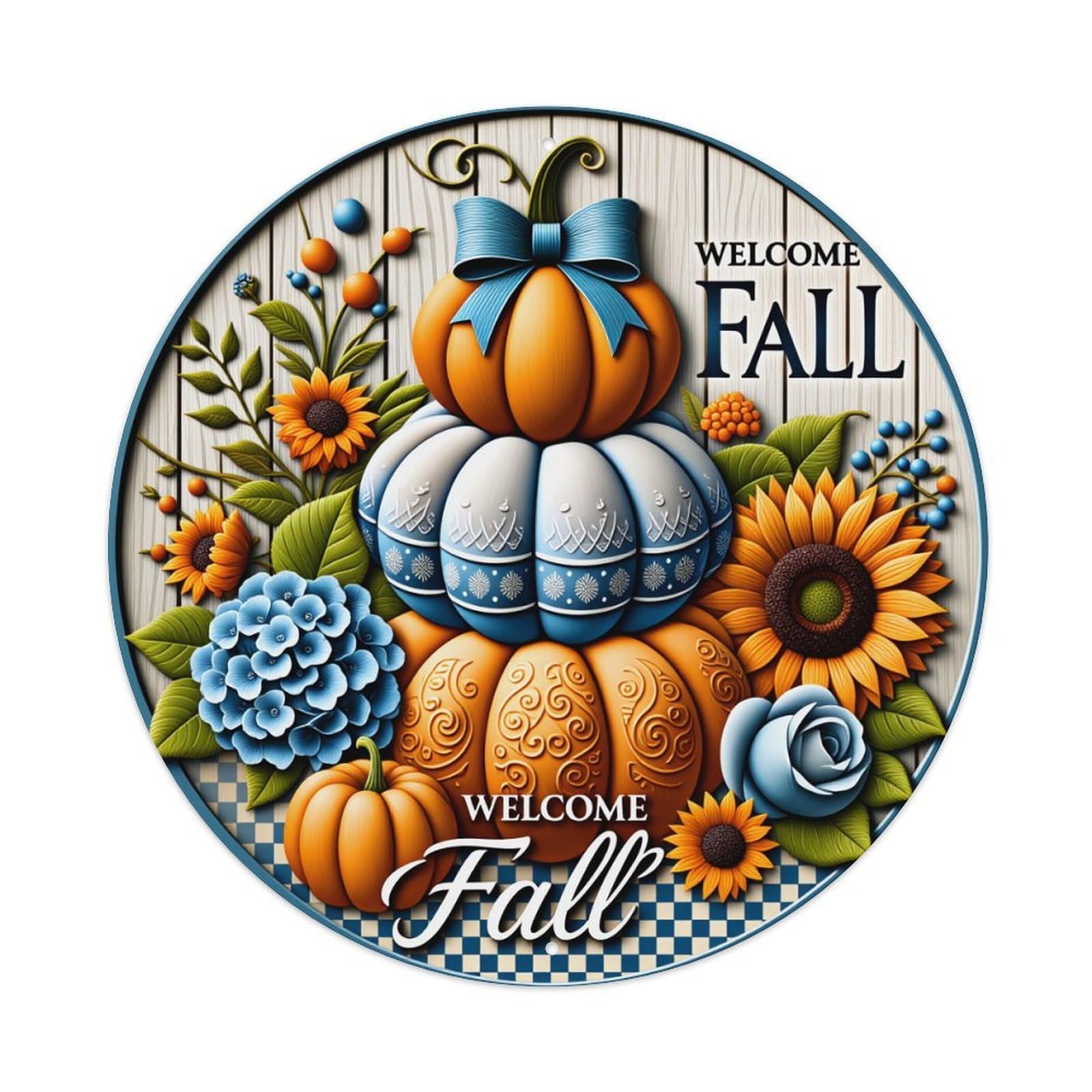 Wmlzdnwr Vintage Pumpkin Stack Floral Sunflower Autumn Leaves Blue Bow Round Tin Sign,Retro Wall Art,Metal Poster For Home, Bar, Garage, Cafe, Rustic Indoor & Outdoor Decor, 8X8 Inches