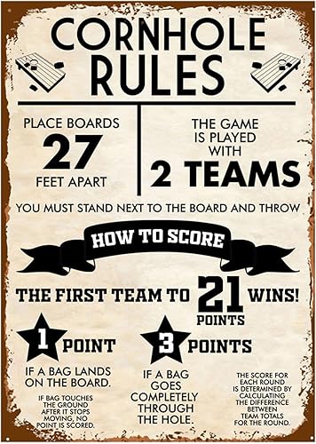 Cartel de reglas de Cornhole Retro Vintage Metal Games Latin Signs Funny Classic Cornhole Board Decor Poster Man Cave Art Wall Art 8x12 pulgadas