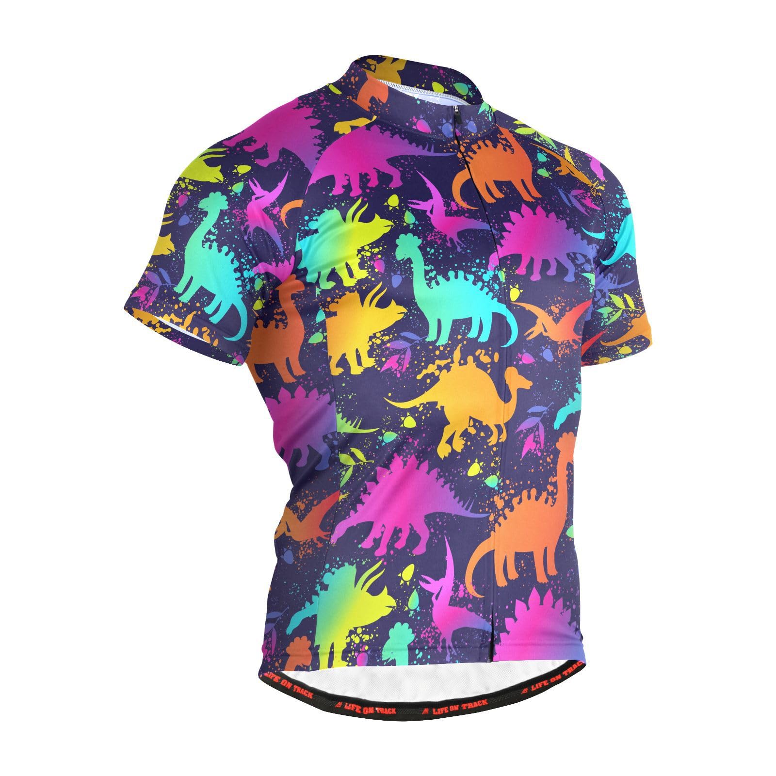 JHKKU Funny Neon Dinosaurs Cycling Jersey Men Short Sleeve, Road Bike Jerseys Full Zipper with Pockets, Bicycle Clothing M
