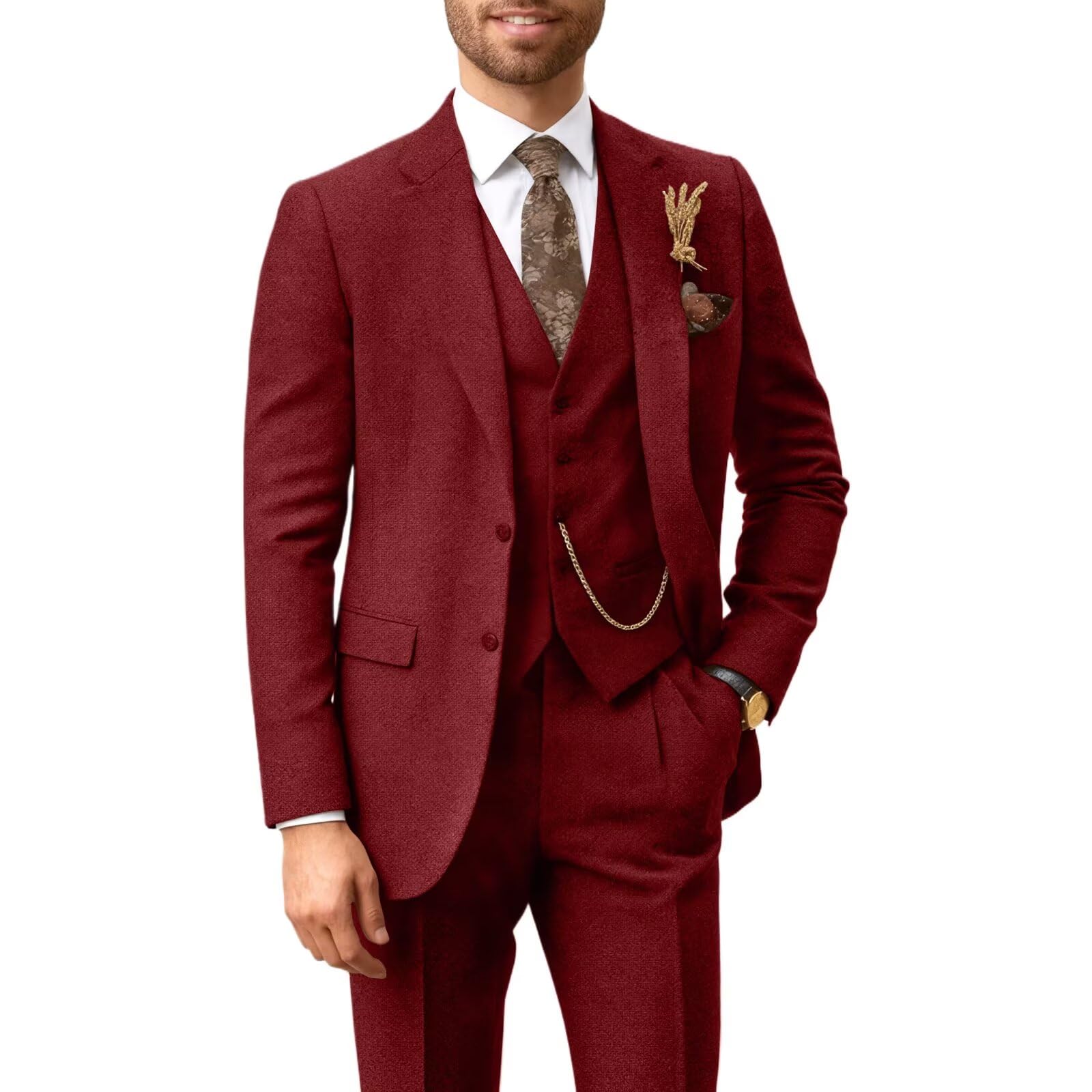 BONOW Tweed Mens Suit Slim Fit 3 Pieces Herringbone Mens Wedding Suit Groomsmen Tuxedos Prom Suit Jacket Vest Pants, Burgundy, 3XL