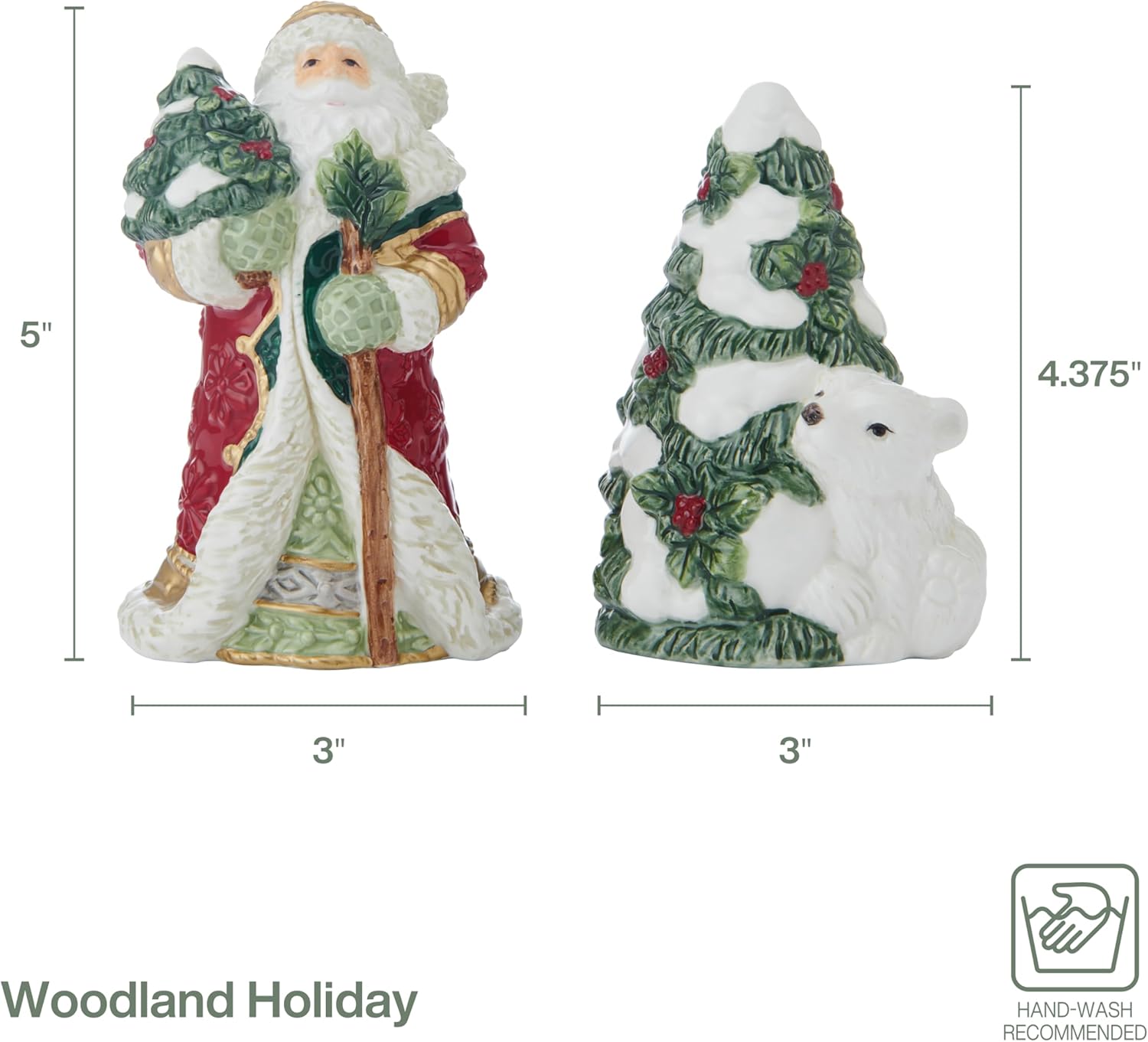 Fitz and Floyd Woodland Holiday Ceramic Figrual Santa and Christmas Tree Countertop Salt Pepper Shaker Set, 5-inches and 4-inches