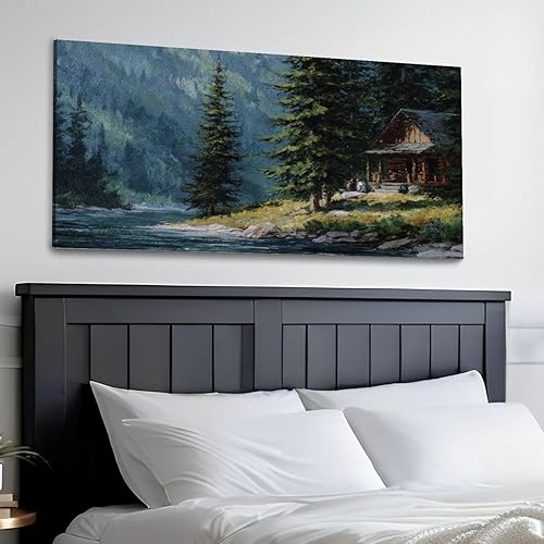 Miniatura 3 de 30"x 60" Canvas Wall Art Vintage Framed Mountain River Landscape Pine Tree Rustic Framed Pictures Painting Print Large Wall Art for Living Room