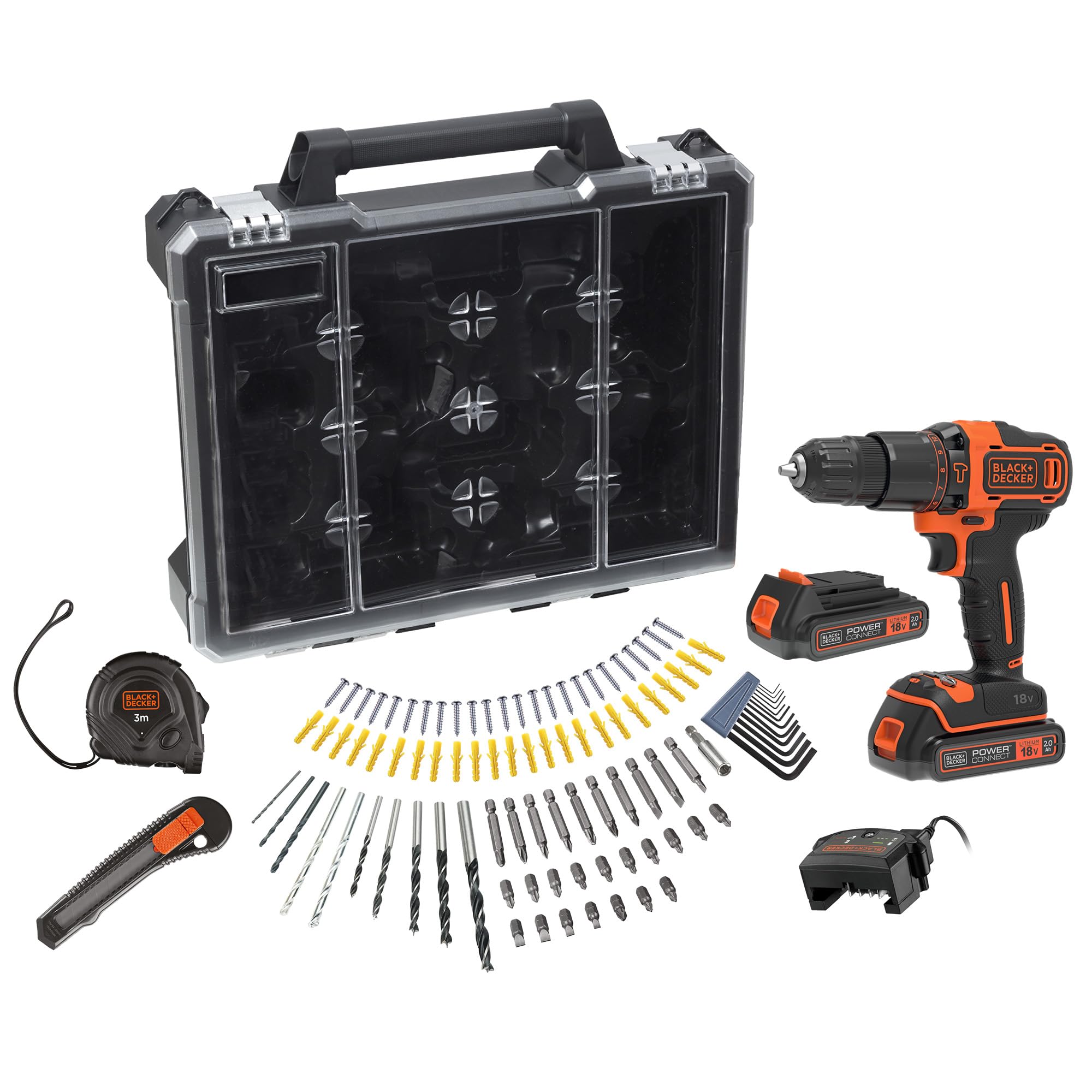 BLACK+DECKER Trapano a percussione da 18V, 2 batterie da 2Ah, caricabatterie da 400mA, 100 accessori, custodia, BDCHD18D2AB-QW