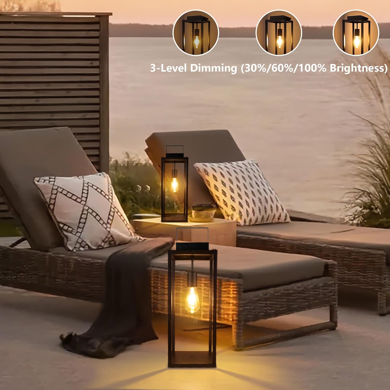 Outdoor Solar Floor Lamp, Waterproof Large Metal Solar Powered Lantern with Handle, 22" 19" Tall for Patio, Backyard, Pathway, Porch Decor (Large + Small)