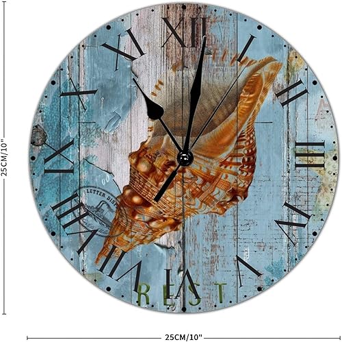 Miniatura 57 de ArogGeld Reloj de pared de PVC de mediados de siglo, concha, números de playa, estilo océano con números romanos de 10 pulgadas, funciona
