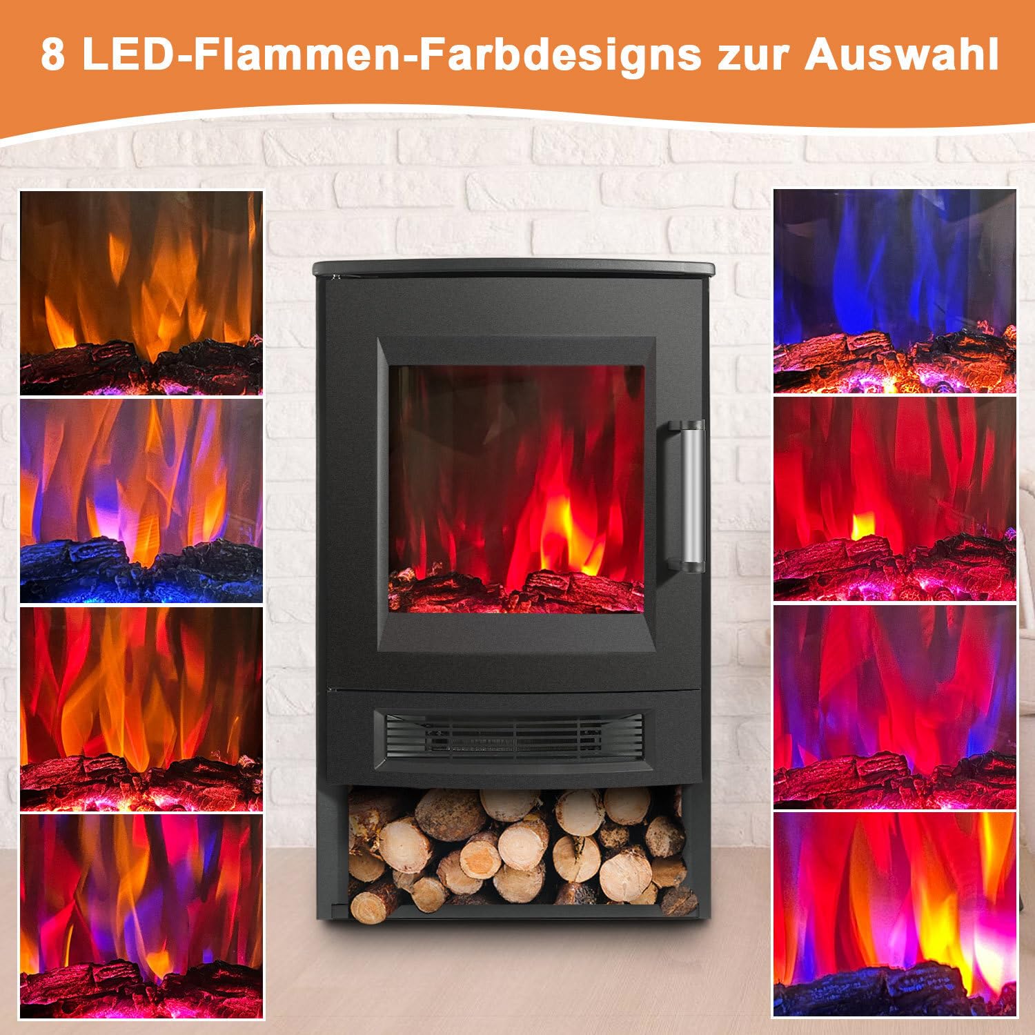 Kominek elektryczny z ogrzewaniem, kominek elektryczny z płomieniem LED, z pilotem zdalnego sterowania WiFi i timerem, panoramiczne okienko, regulowany termostat, termowentylator, 900 W/1800 W