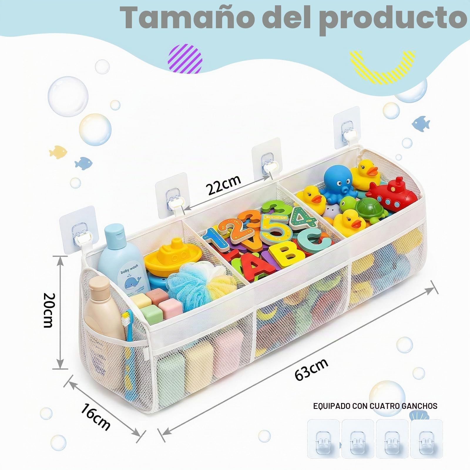 Bolsa de Almacenamiento para Juguetes de Baño de 3 Compartimentos - Malla Transpirable con 3 Ganchos Adhesivos, para Mantener el Baño Ordenado, Organización y Clasificación de Juguetes