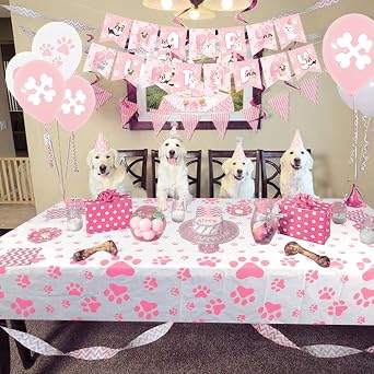 KEFAN 4 Pack Puppy Dog Pet Paw Print Plastic Tablecloth Table Cover Pink Paw Birthday Party Decorations Dog Party Decorations