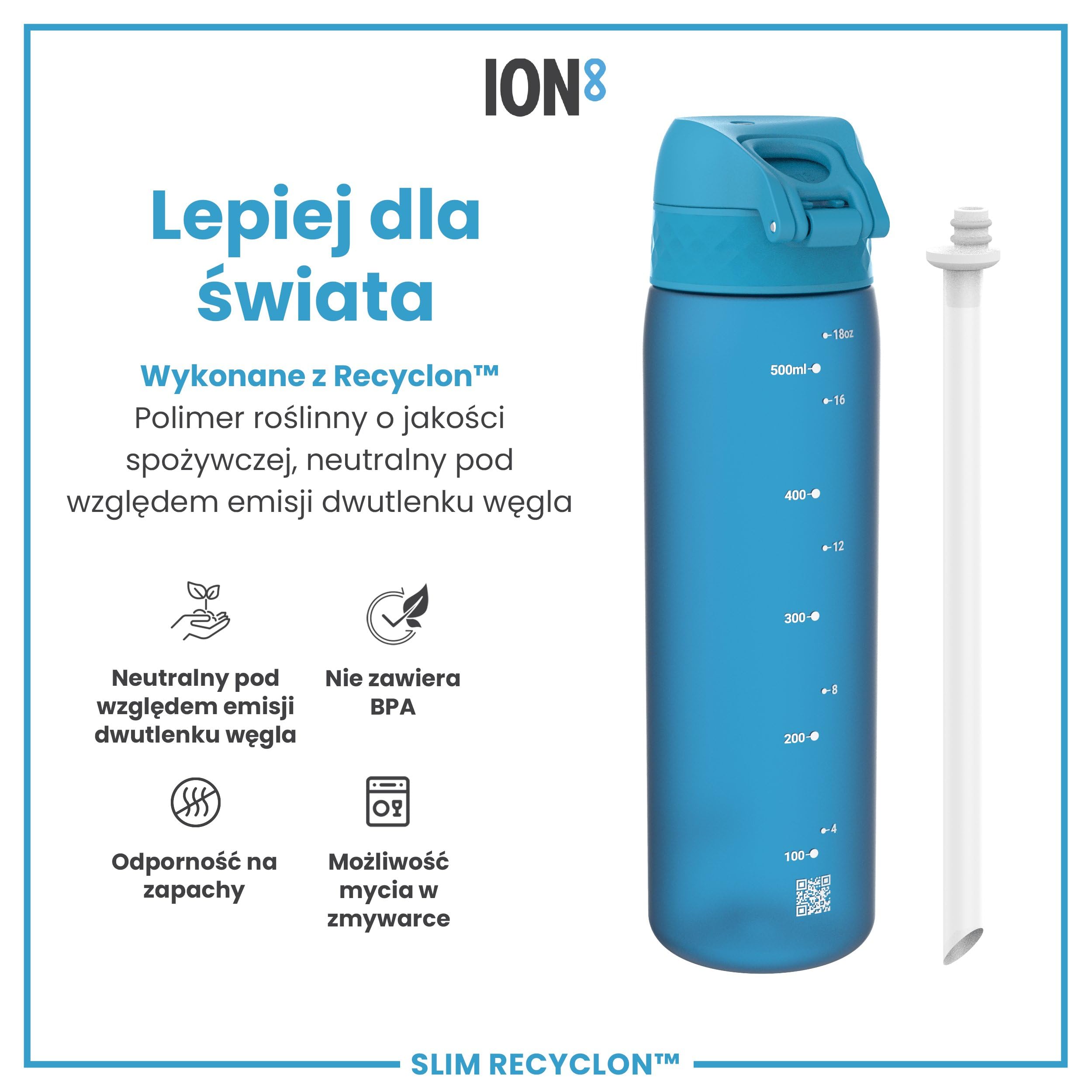 ION8 Butelka Na Wode Ze Słomką, 500 ml/18 oz, Szczelna, Łatwa do Otwarcia, Bezpieczny Zamek, Można Myć w Zmywarce, Bez BPA, Higieniczna Osłona ze Składanym Uchwytem, Łatwa w Czyszczeniu,Niebieski