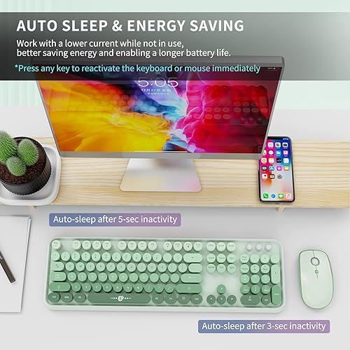 Miniatura 5 de FOPETT Combo de teclado y mouse inalámbricos, 2.4G de tamaño completo, lindo mouse y teclado coloridos con 104 teclas redondas, teclado retro para