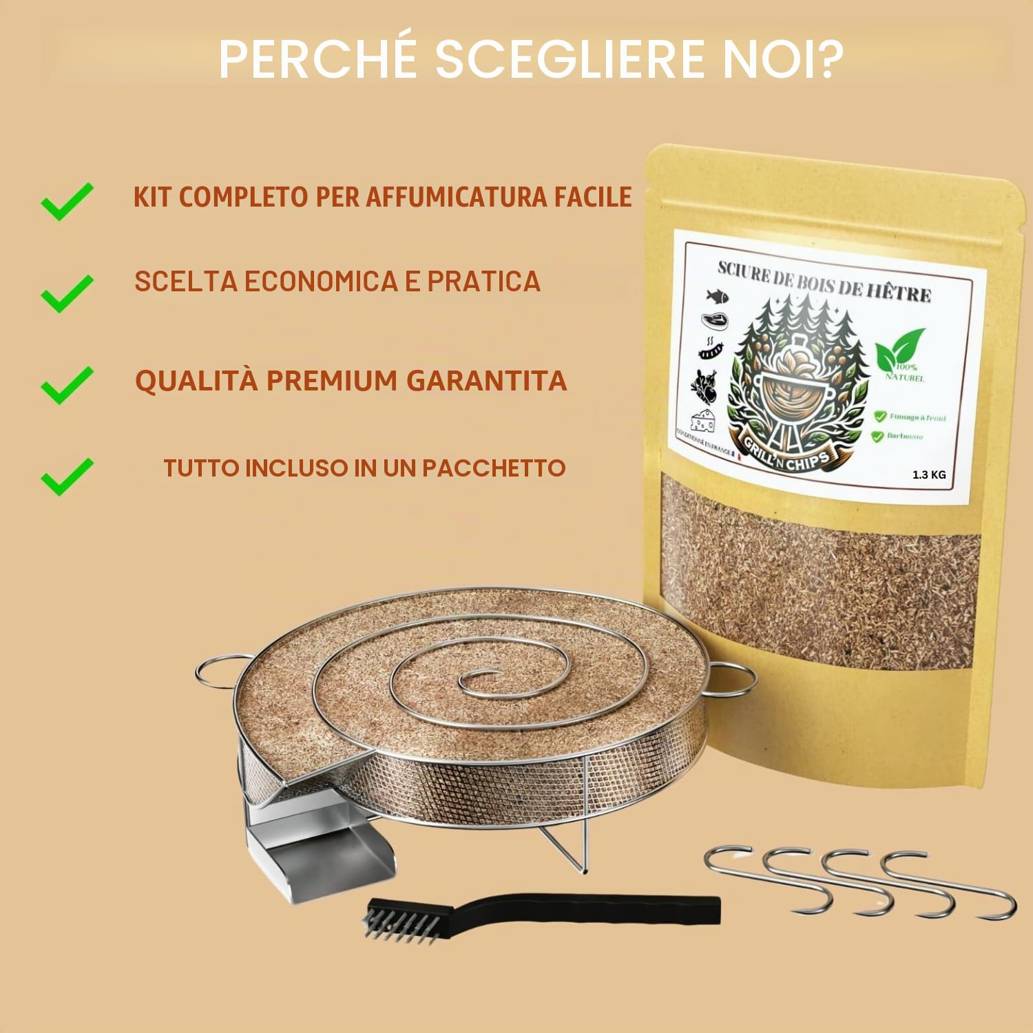 Scatola per affumicatore, generatore di fumo, carne e pesce + 1,3 kg di segatura in legno di faggio + 4 ganci e 1 spazzola per la pulizia inclusa