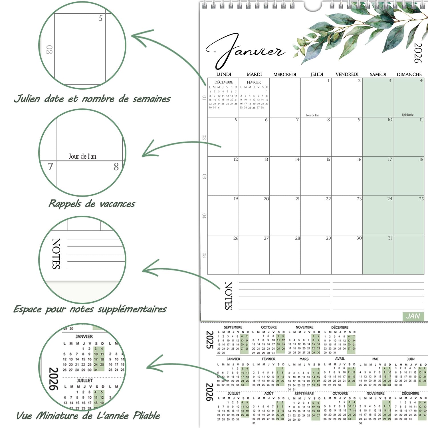 Calendrier Mural Magnétique 2026 - 18 Mois (Janvier 2026 à Juin 2027) - Format 43 X 30,5 Cm - Grands Espaces D'Écriture - Pour Réfrigérateur, Bureau, Maison