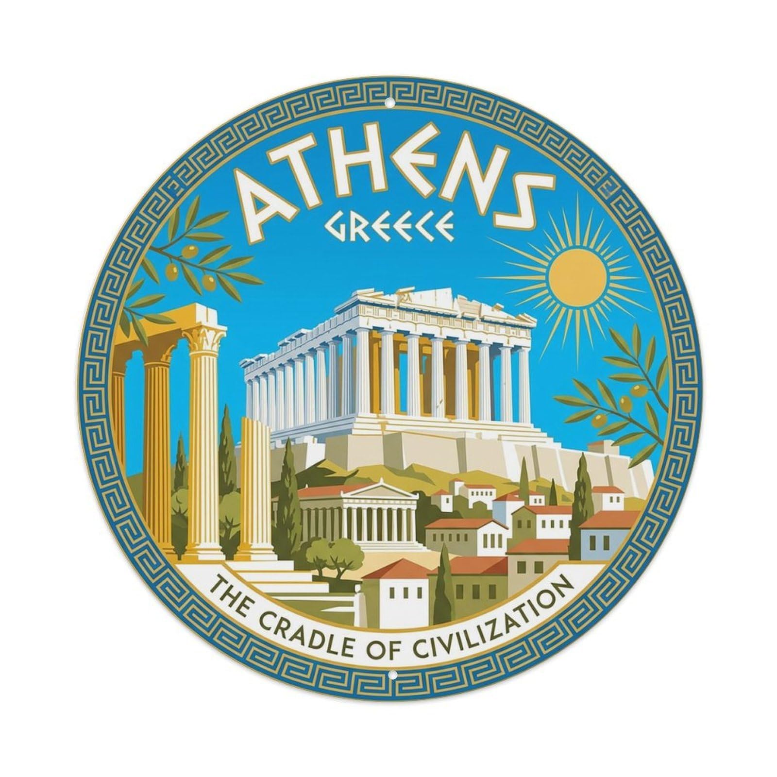 Vintage Travel Greece Athens Vintage Metal Tin Sign Plaque Wall Decor for Cafe, Club Bar, Office, Garden Metal Poster 8x8Inch