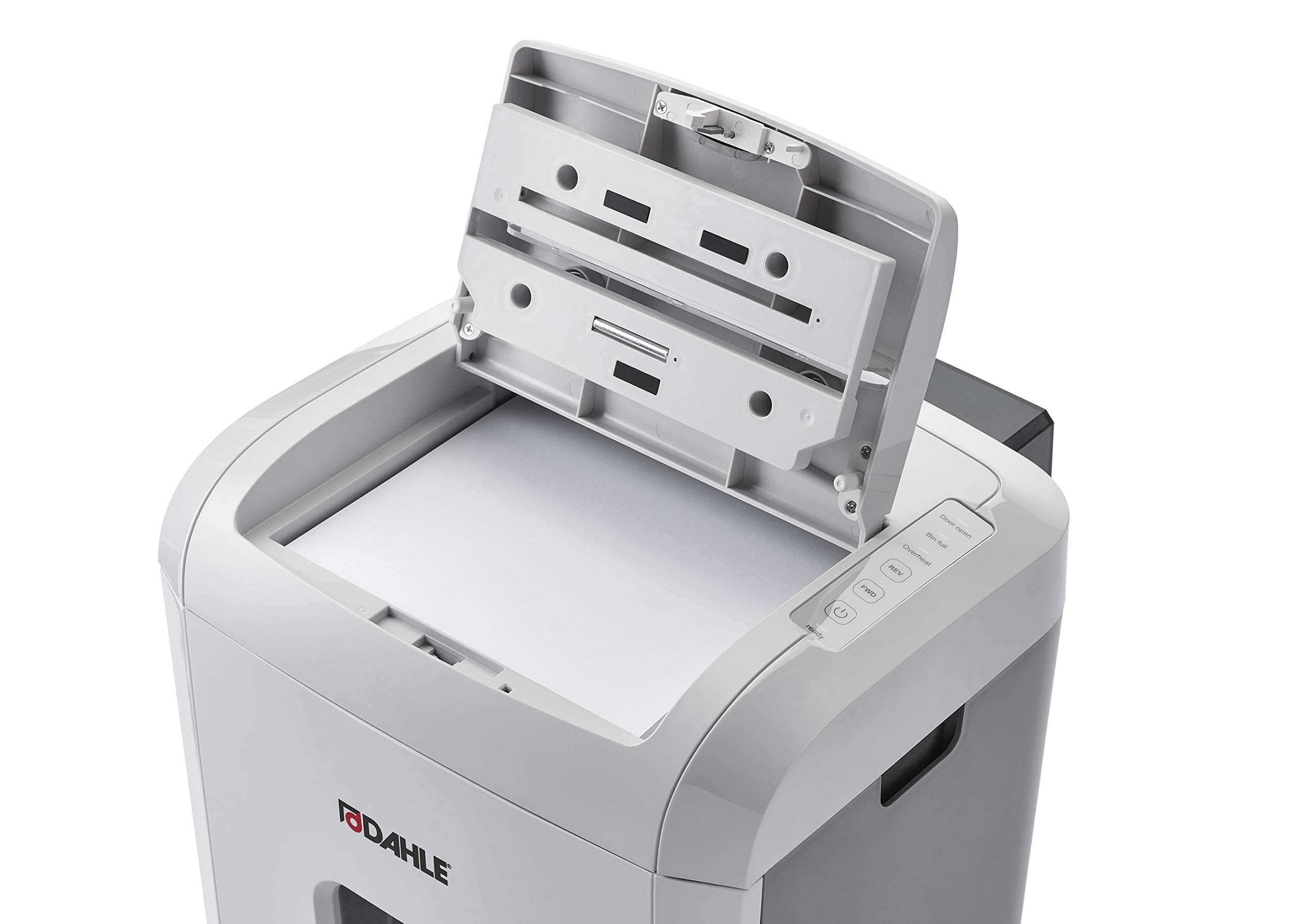 Dahle ShredMATIC 150 - Distruggidocumenti Autofeed (150 fogli, P-4, taglio a particelle, senza olio e manutenzione, alimentatore automatico di carta grigio chiaro/grigio polvere