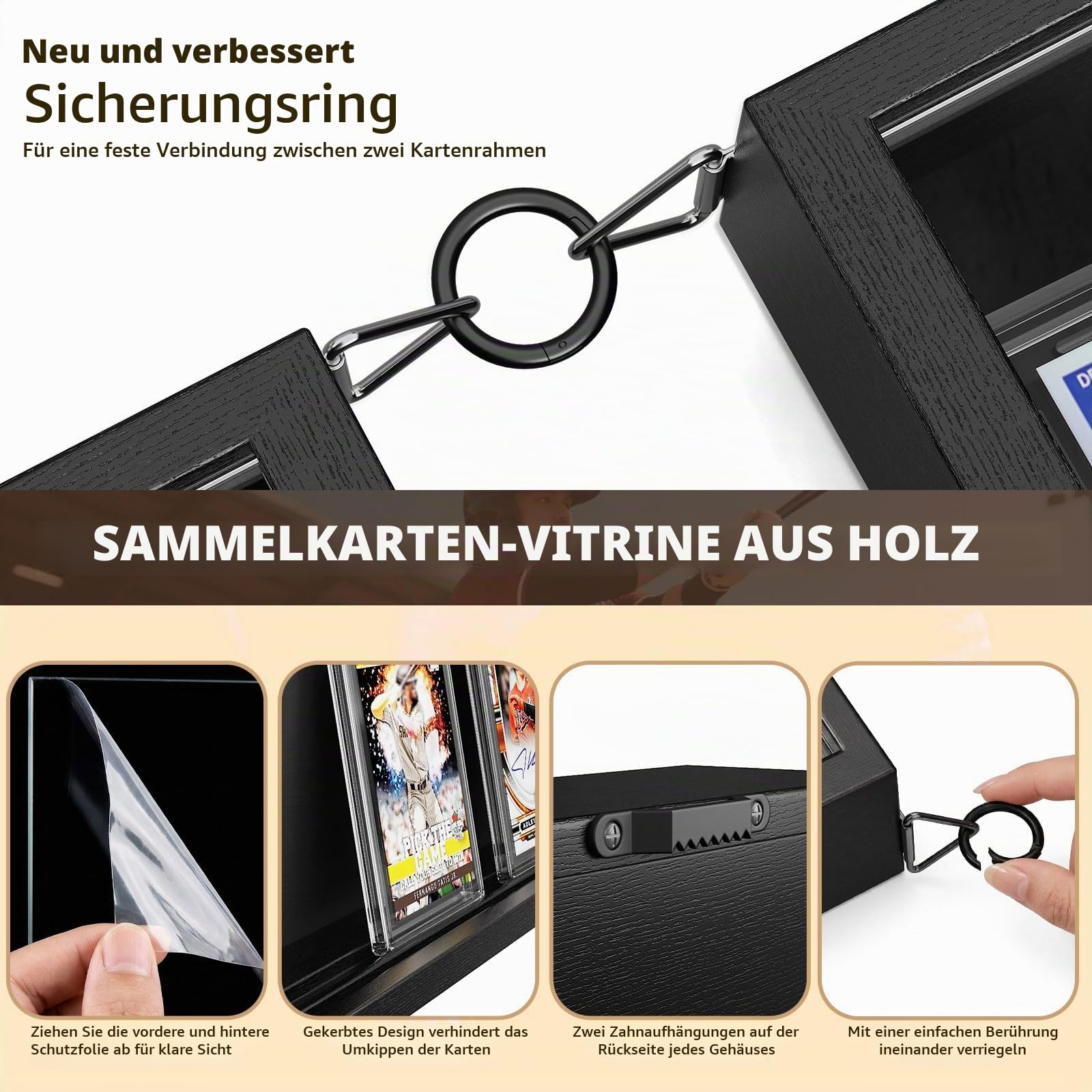 6 Stück Sammelkarten Display Rahmen Wandmontage, Holz Sammelkarten Vitrine mit Transparent HD, Karten Display Rahmen für 24 Sportkarten und Karten Sammeln Ausstellen (Schwarz)