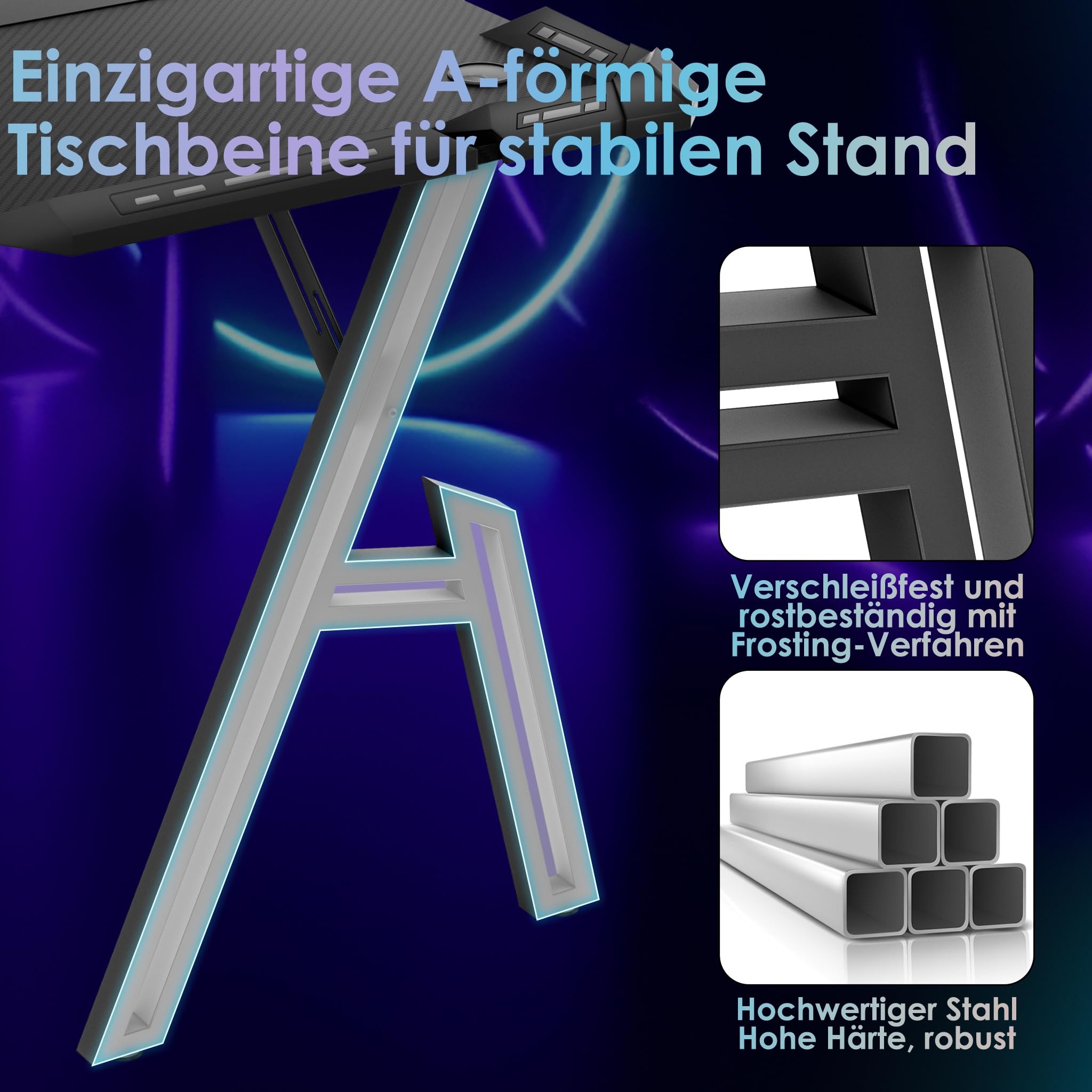 UISEBRT Gaming Schreibtisch 120 x 60cm Gamer Tisch A-förmiger Kohlefaseroberfläche Computertisch mit RGB LED-Licht, Ergonomischer Eckschreibtisch mit Kopfhörerhaken und Getränkehalter