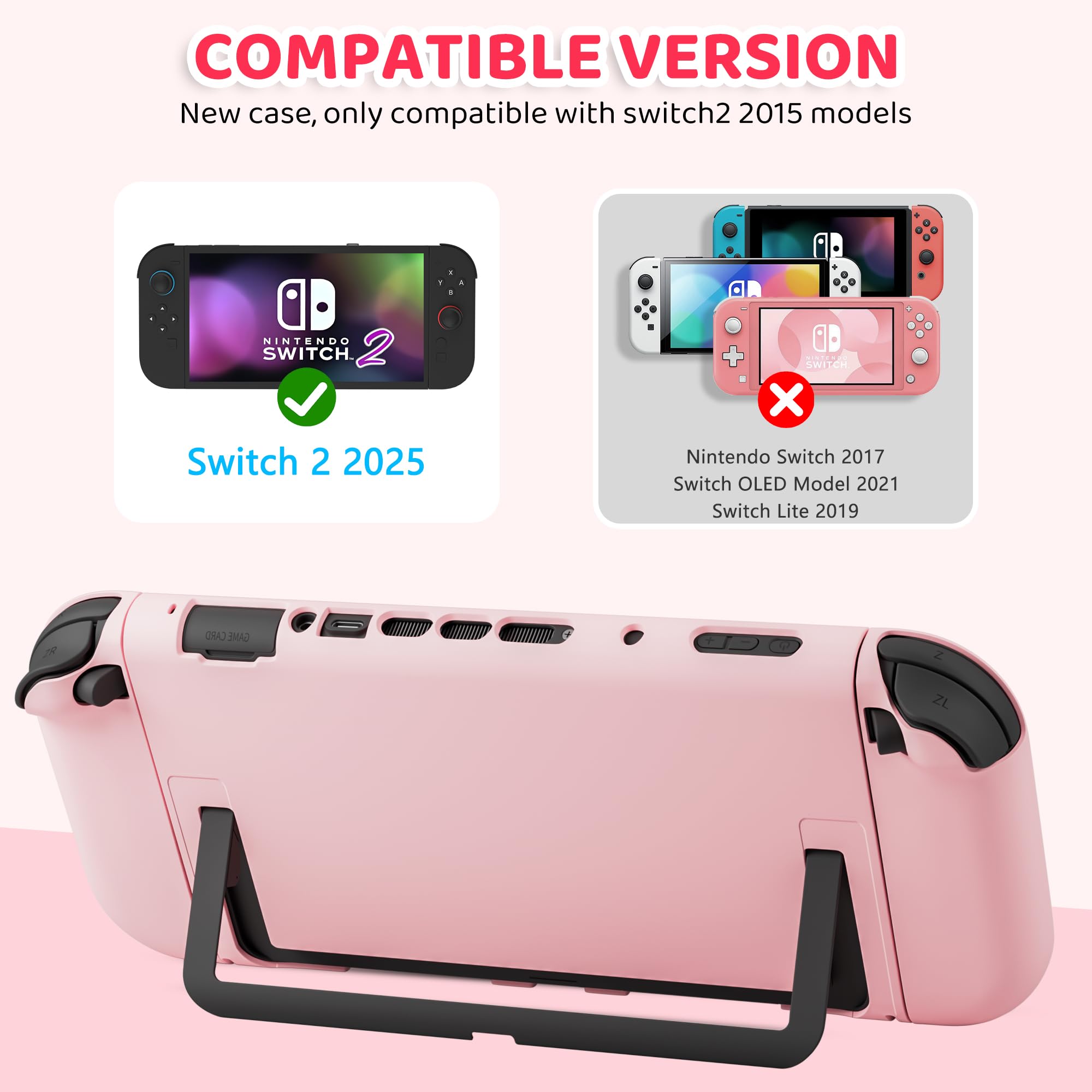 FANPL Paquete de funda rosa para Nintendo Switch 2 (2025) accesorios, funda rígida portátil con piel protectora, protector de pantalla, 2 agarres para el pulgar