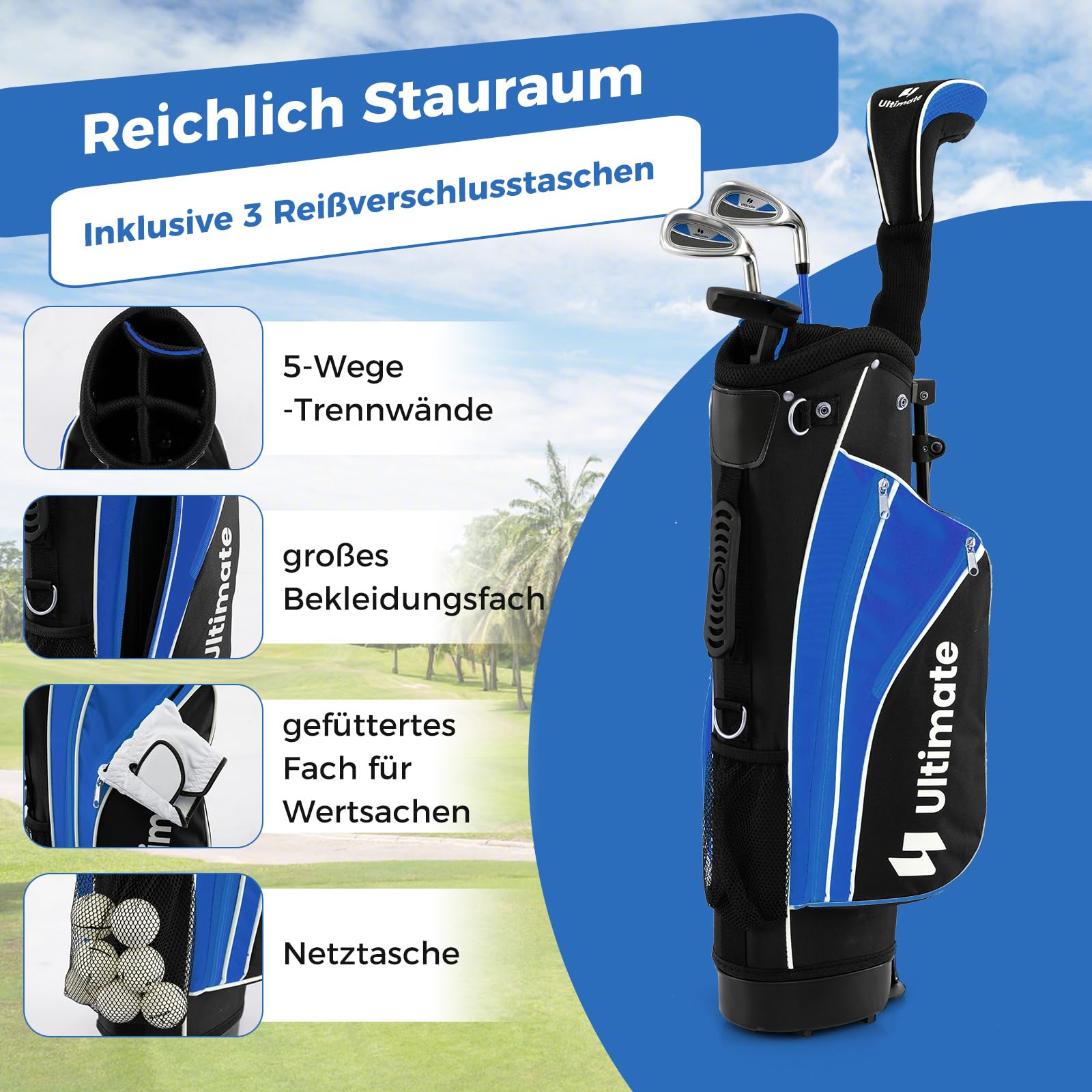 GOPLUS Kinder Golfschläger Set,Rechtshand Golfschlägersätze mit 3 Fairway, 7/9 Eisen, Putter, Schlägerhaub,Standtasche, leicht und sicher, ideal für Jungen und Mädchen