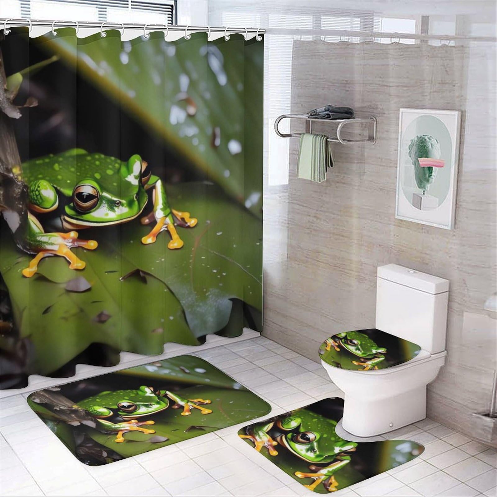 Rideaux de douche motif grenouille pour une salle de bain zen avec tapis et housse WC