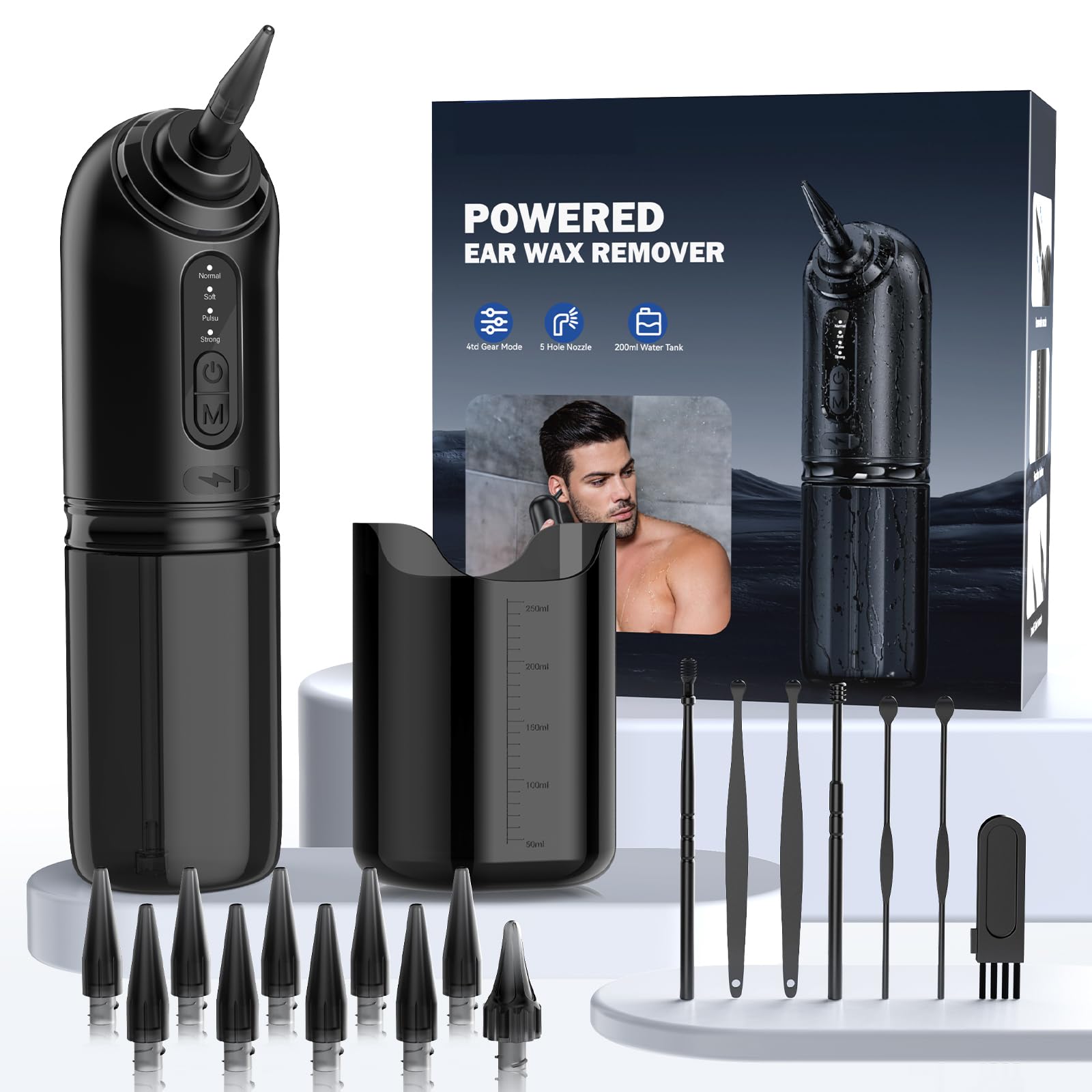 Ohrenschmalz Entferner, AZHE Wiederaufladbarer Ohrenreiniger, 2000mAh Ohrenreinige mit 4 Reinigungsmodus und 10 Ohr Tipps, Ohrreiniger für Erwachsene