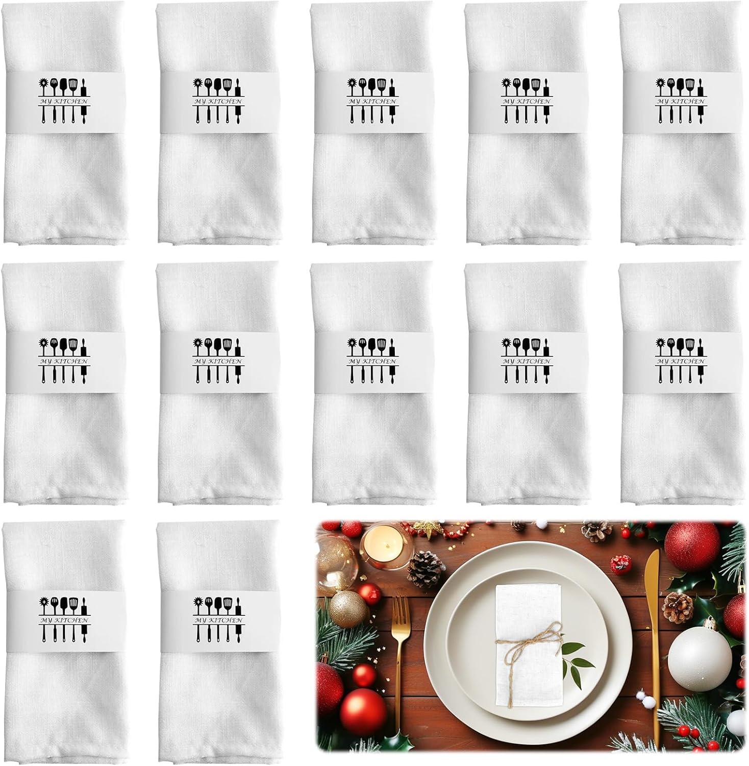 Christmas napkins, set of 12 fabric napkins 40 x 40 cm, white linen napkins, linen napkins, linen napkins, table decoration, washable napkins for