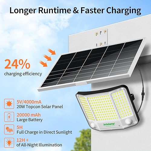 Miniatura 3 de intelamp Luces solares impermeables para exteriores, 20000 mAh, 4000 lúmenes, doble sensor de movimiento, reflector de seguridad exterior con