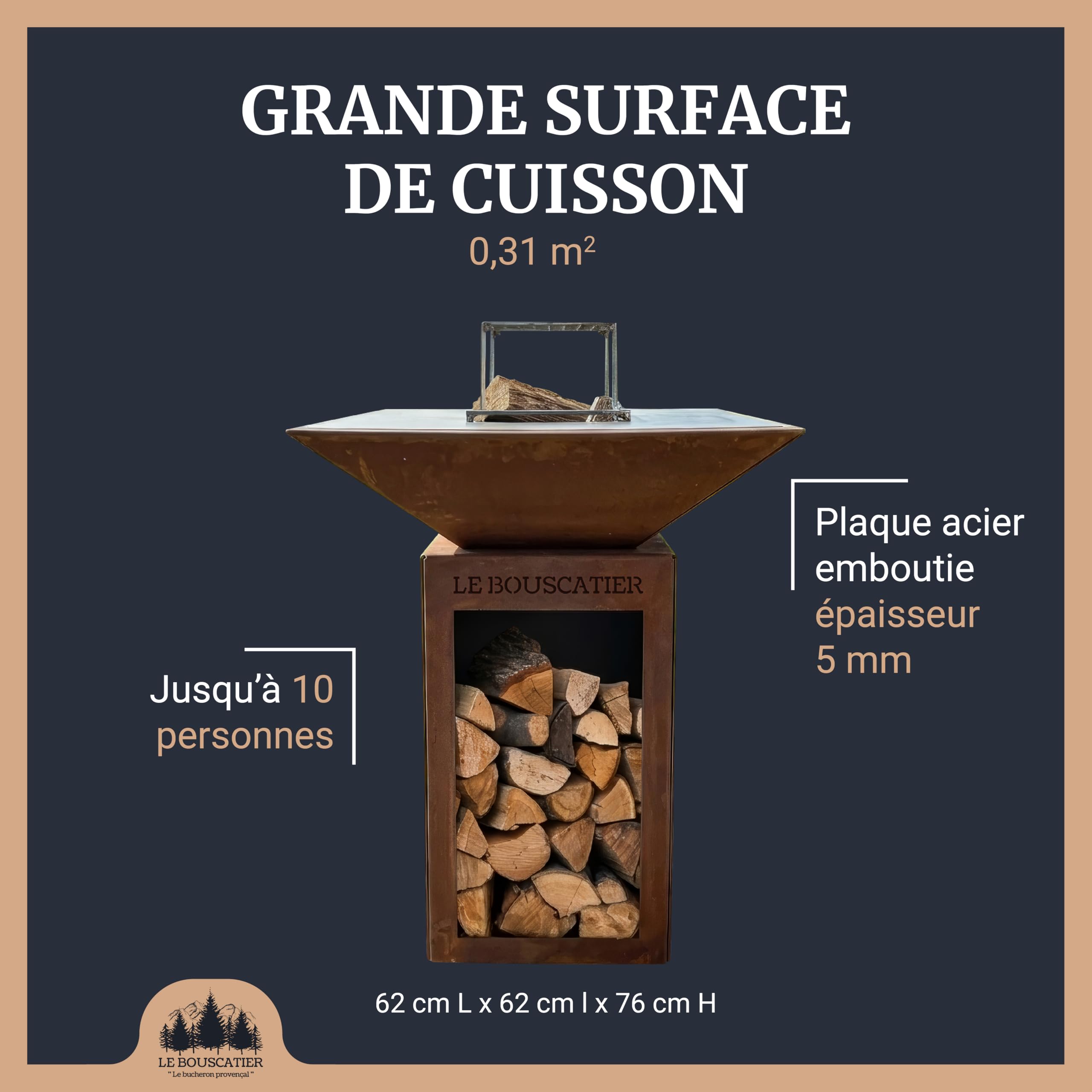 Brasero Plancha Acier Corten Barbecue Exterieur avec Rangement Bûches Grille Cuisson Stop Food Inclus