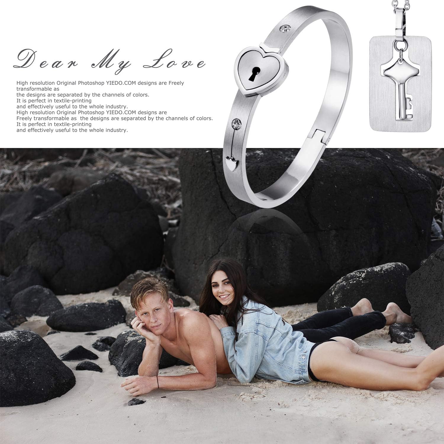 Cupimatch 2pcs His and Hers Matching Couple Bracelet Necklace Set, Stainless Steel Love Heart Lock Bangle Key Tag Pendant Necklace Chain