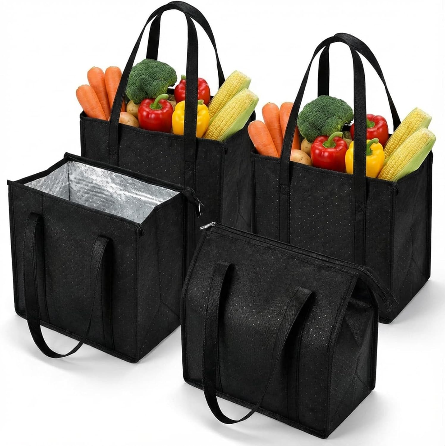 4 Pcs Insulated Grocery Bags, Reusable Thermal Tote with Zipper, Leakproof Cooler Bags for Food Delivery, Picnic, Shopping (12″x 7.1″x 13″, Black)