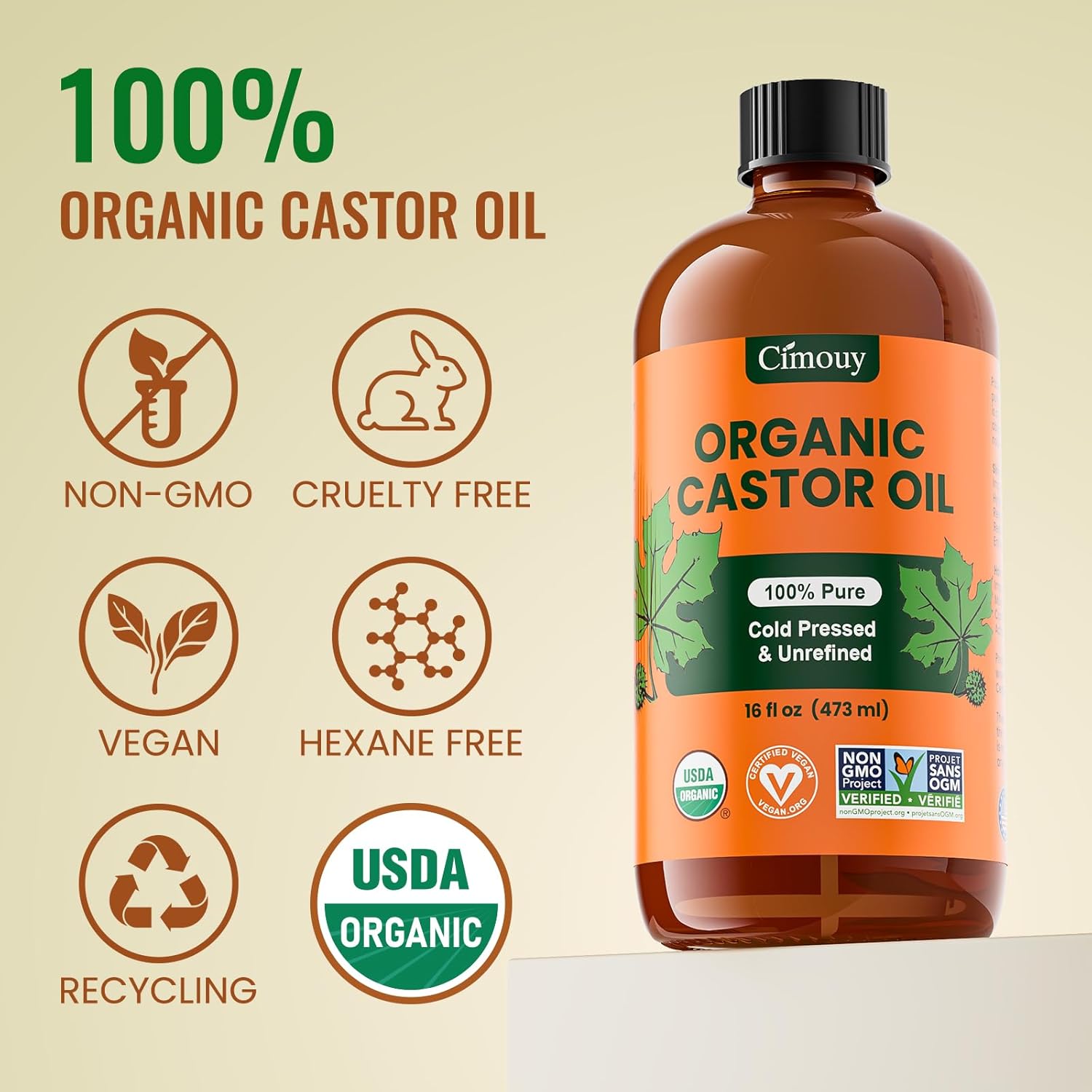 Organic Castor Oil Cold Pressed 16oz Glass Bottle,USDA Organic & EWG Verified 100% Pure & Hexane-Free,Castor Oil for Hair Growth, Body,Face, Skin,Lashes & Brows - Image 4
