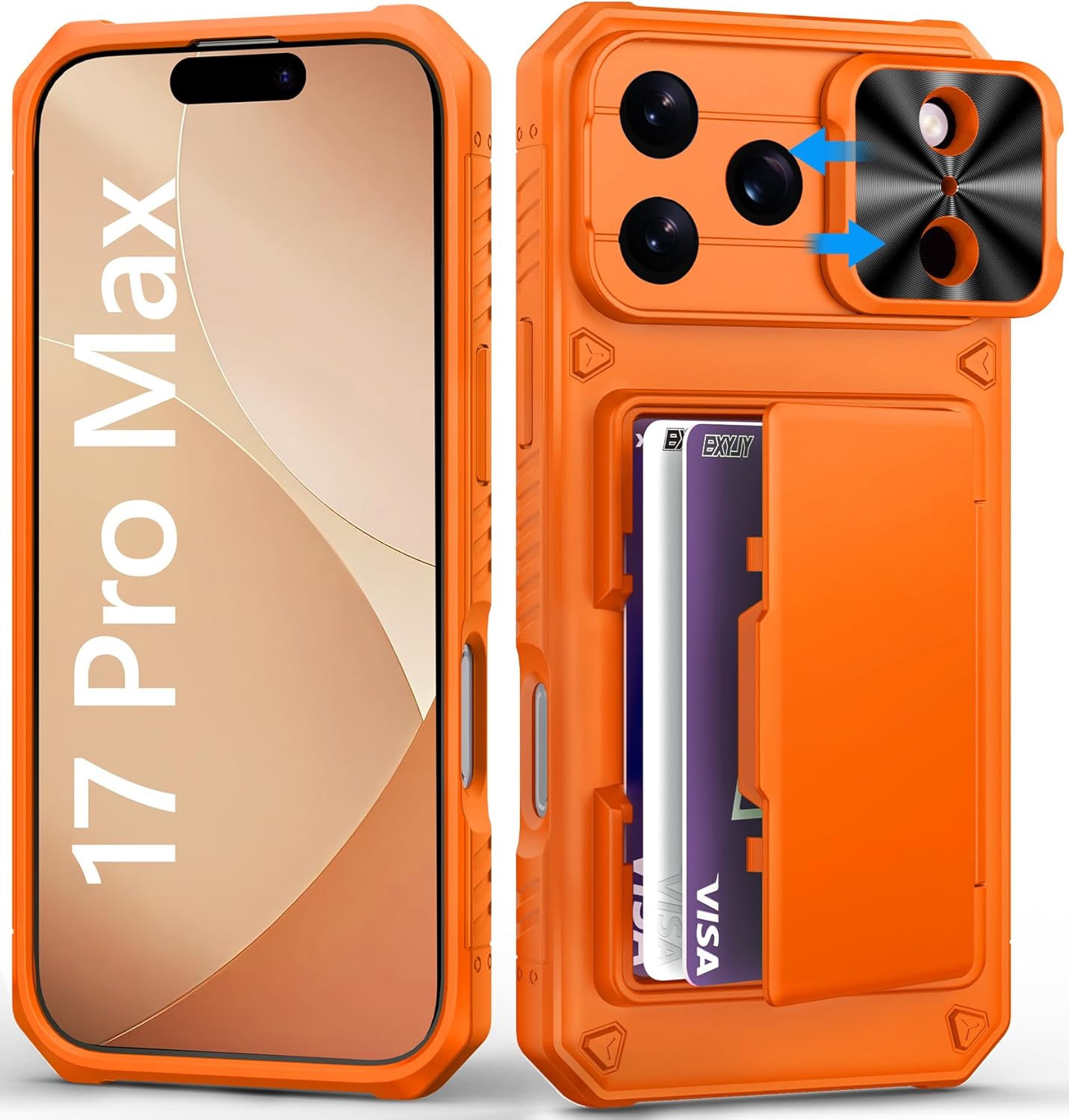 for iPhone 17 Pro Max Phone Case Wallet, Card Holder (4-5 Cards), Slide Camera Cover, Military Grade Protection, Rugged Hard Women Girly Men Protective Case for iPhone17 Pro Max 6.9", Orange Orange iPhone 17 Pro Max, 6.9"