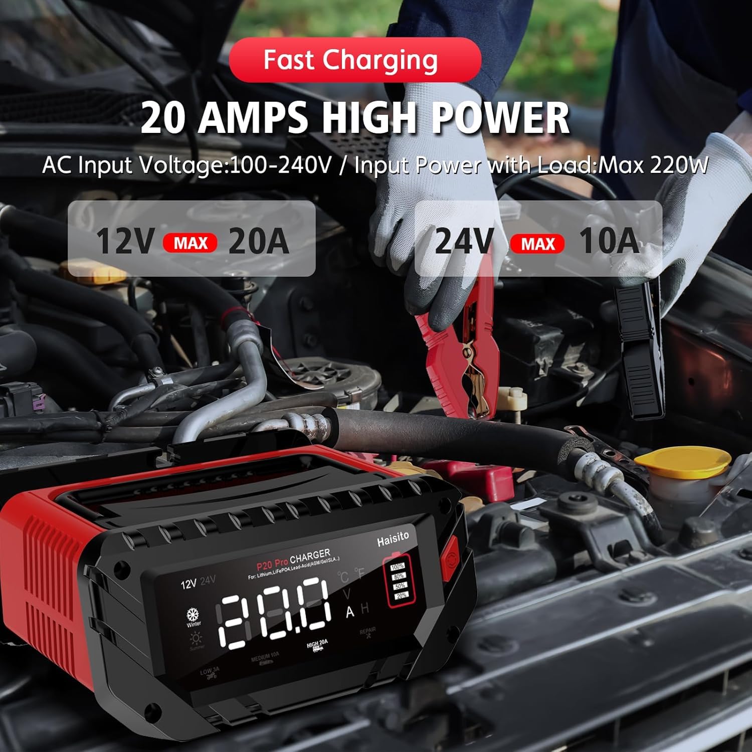 Haisito 12V/24V cargador de batería rápido inteligente, 20A, LiFePO4 de litio y ácido de plomo (AGM/Gel/SLA) para automóviles, barcos, motocicletas, entrada de 240V