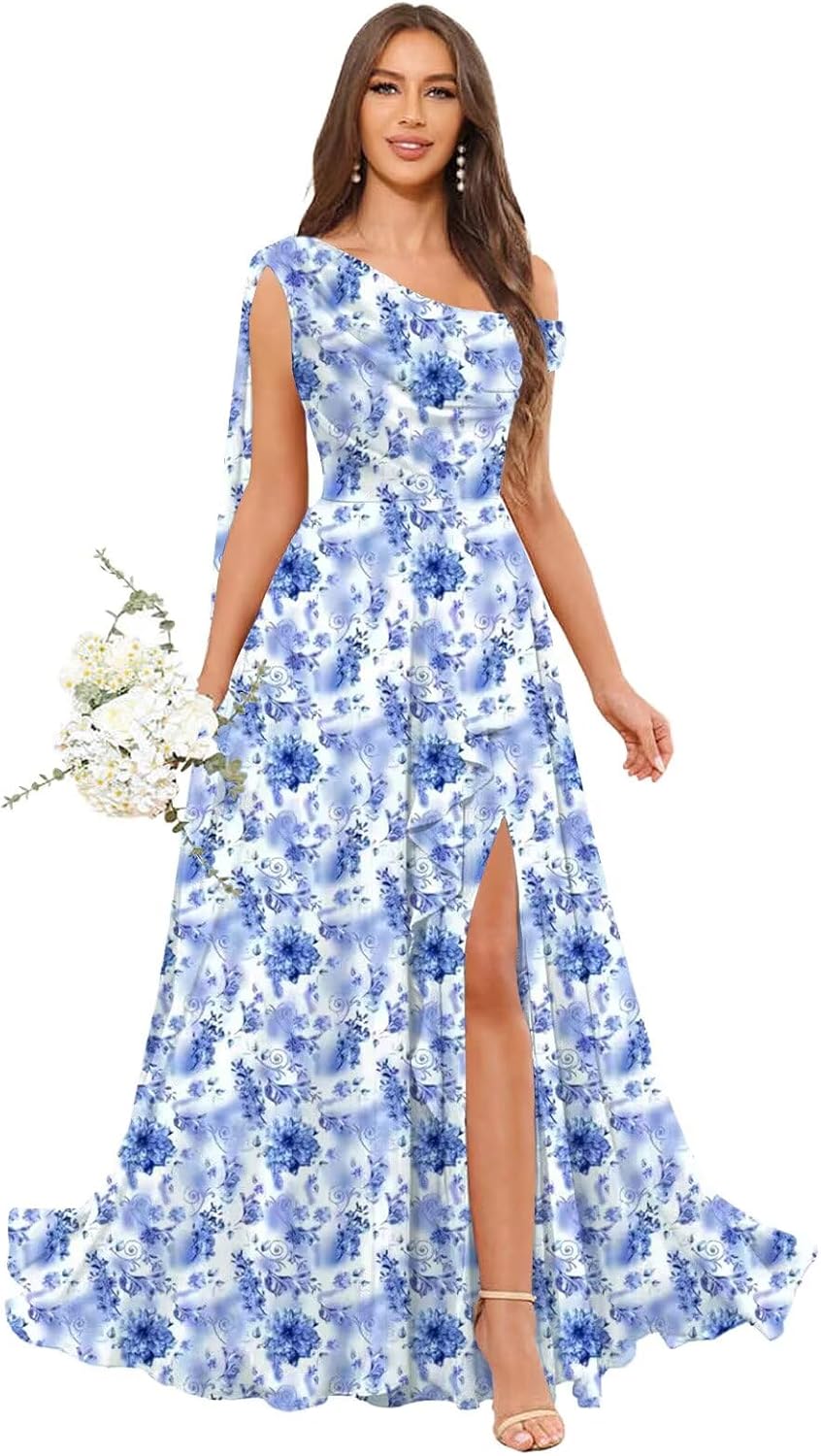 One Shoulder Chiffon Bridesmaid Dresses Floor Length Pleated Ruffles Side Slit Formal Gown