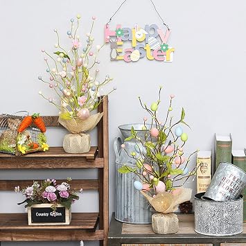 Easter Egg Tree 18 Inch Lighted Easter Tree with LED Light and Burlap Base Decorative Tree Table Centerpiece for Home Party Wedding Holiday Easter Decoration(Multicolor)