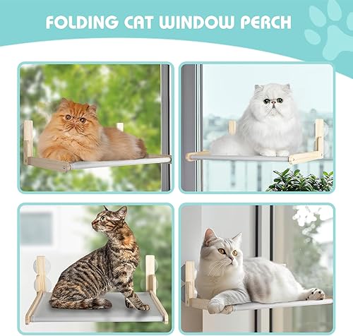 Miniatura 6 de Percha plegable inalámbrica para ventana de gato, hamaca plegable para ventana para gatos con 4 ventosas para gatos de interior, marco de madera