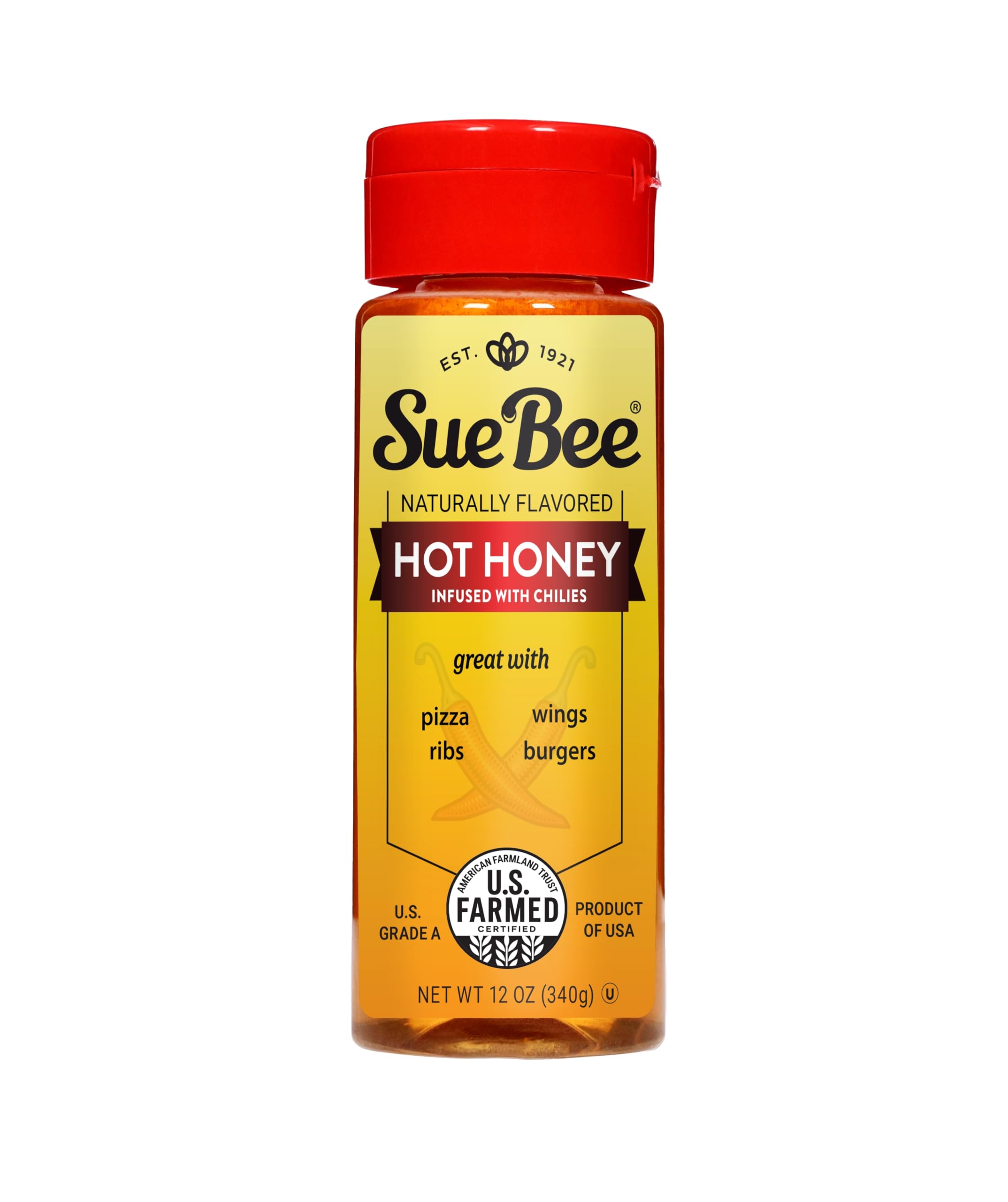Sue Bee Naturally Infused Hot Honey with Chili Peppers, Pure Honey, Product of USA, US Grade A, Flavored Honey, 12 Ounce (Pack of 1)