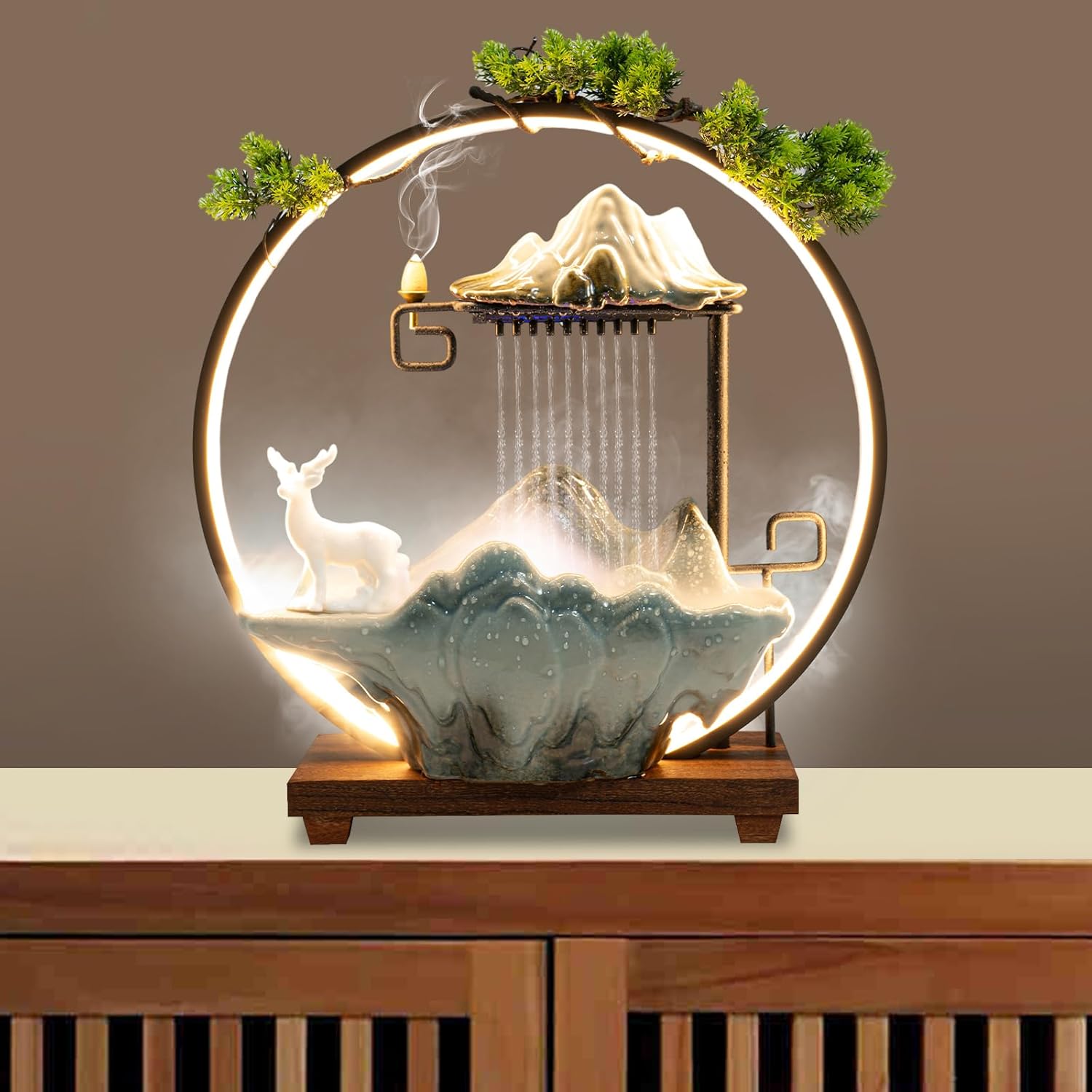 Ceramic Water Fountains Indoor Waterfall Relaxation Desktop Fountain Zen Meditation Rockery Tabletop Fountain Waterfall Feng Shui Water Fountain with Lights for Good Luck