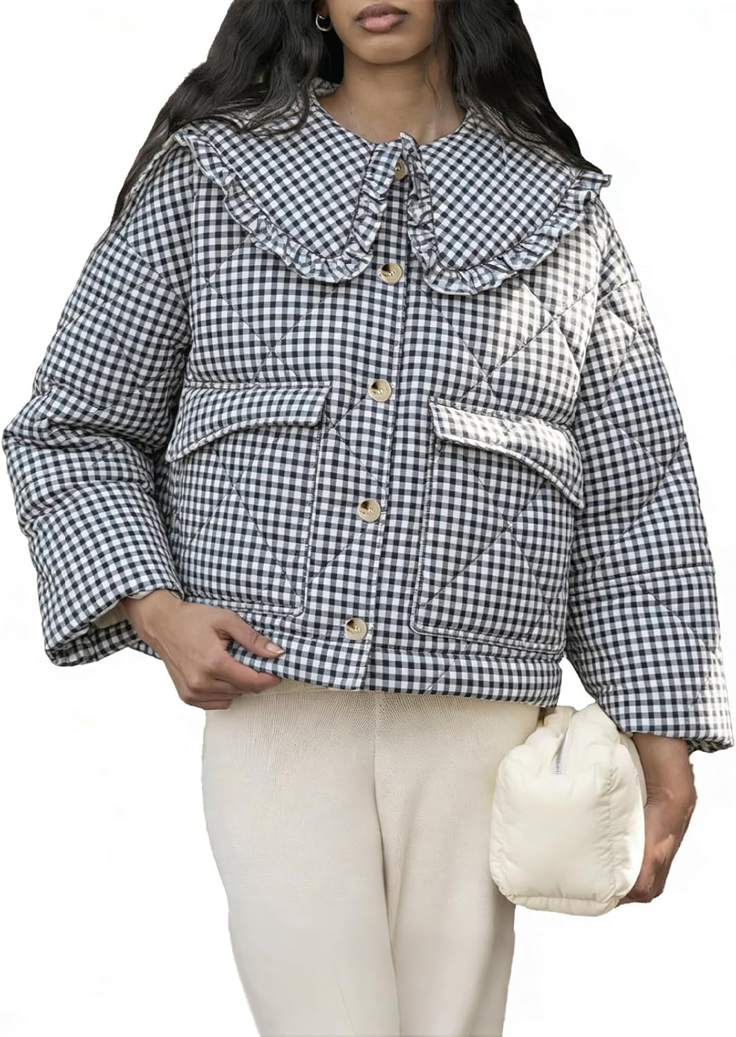 Womens Cropped Quilted Puffer Jackets Frilly Peter Pan Collar Button Down Lightweight Cream Cute Padded Coats