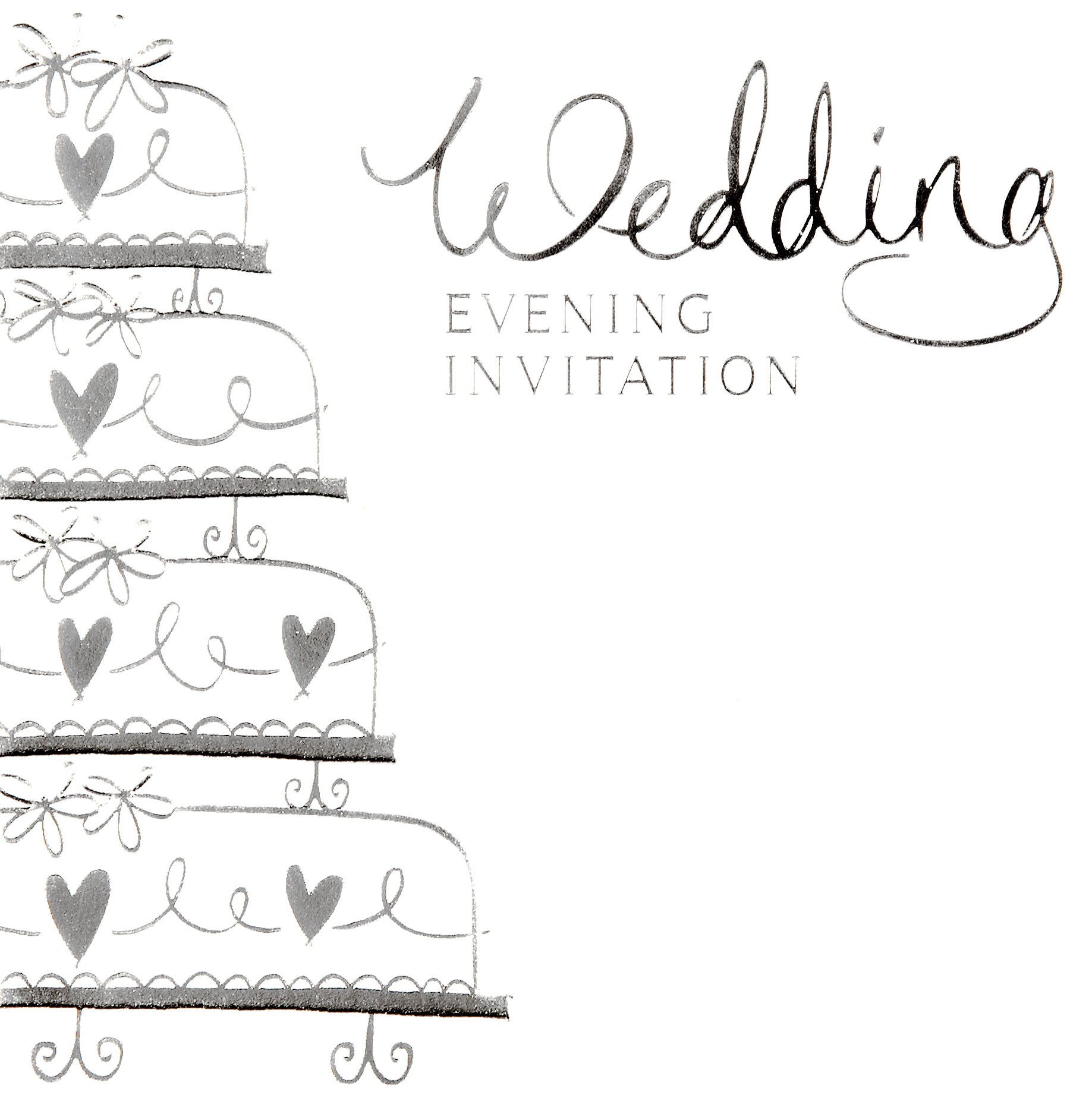 Pack Of 6 Wedding Evening Card Invitations & Envelopes - Silver Wedding Cake