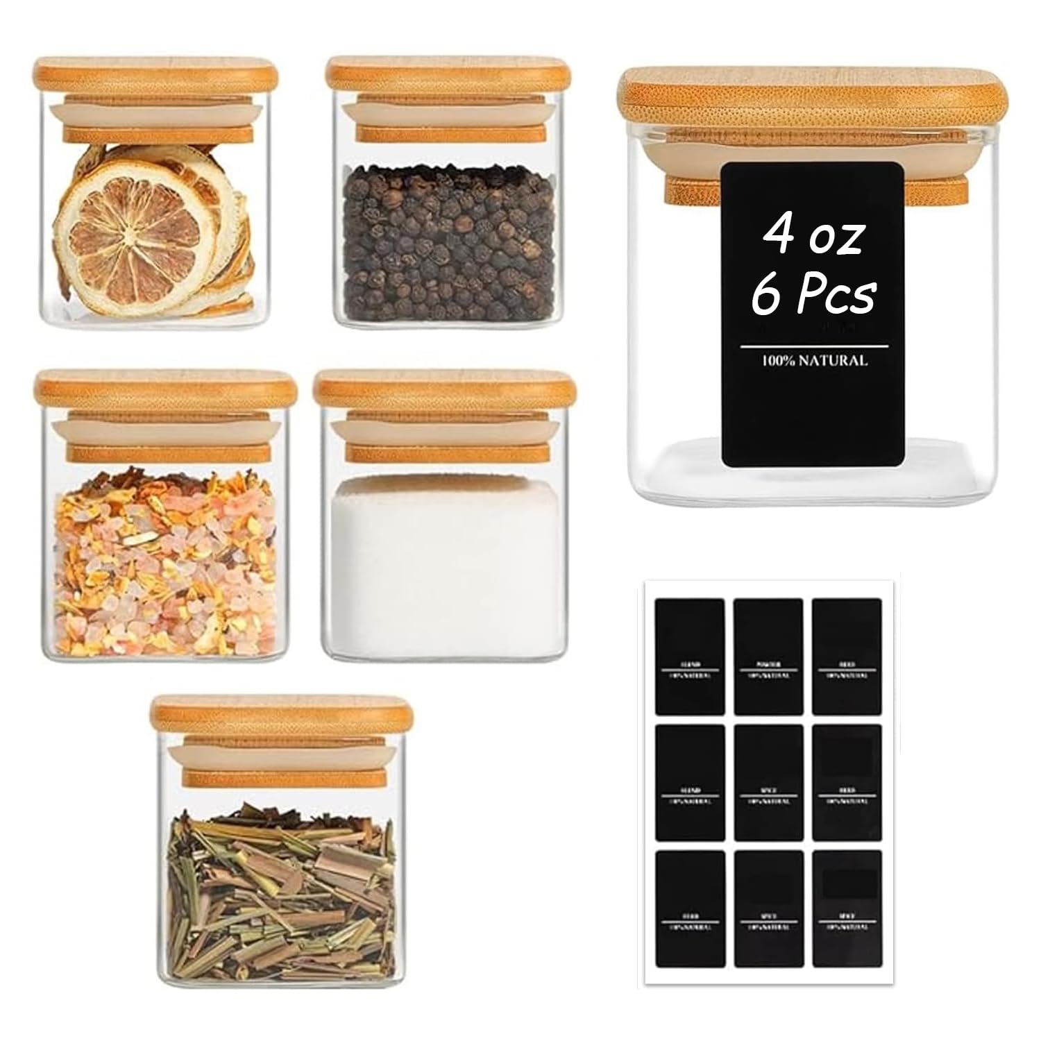 View 1 of [only 2 jars] ComSaf Square Glass Spice Jars with Labels 4 oz 6 Pack with Bamboo Lids