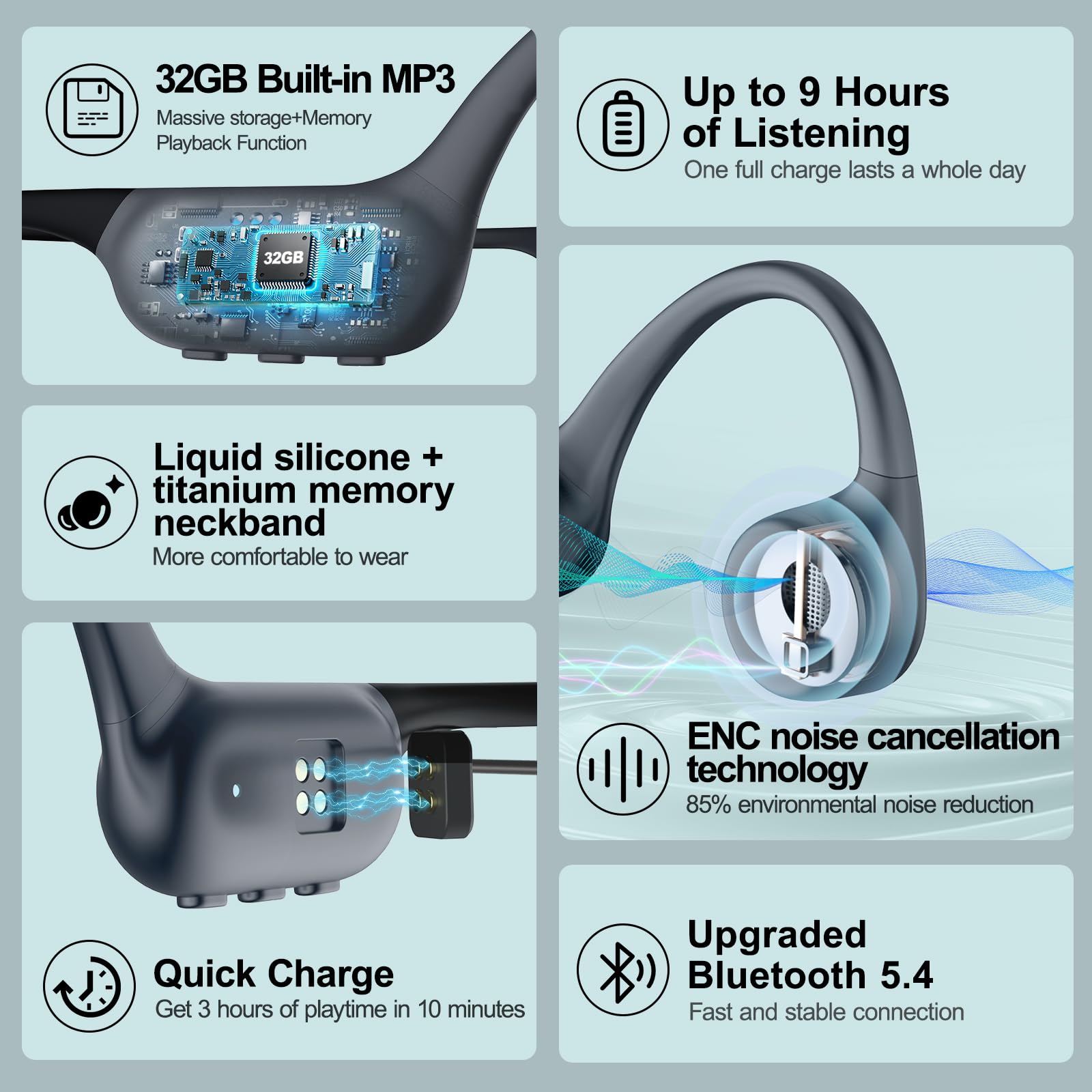 Cuffie a conduzione ossea IPX8, impermeabili, per nuoto, con modalità MP3, memoria da 32 GB, durata di riproduzione 8H, auricolari Bluetooth 5.4, vestibilità sicura per corsa e fitness (grigio