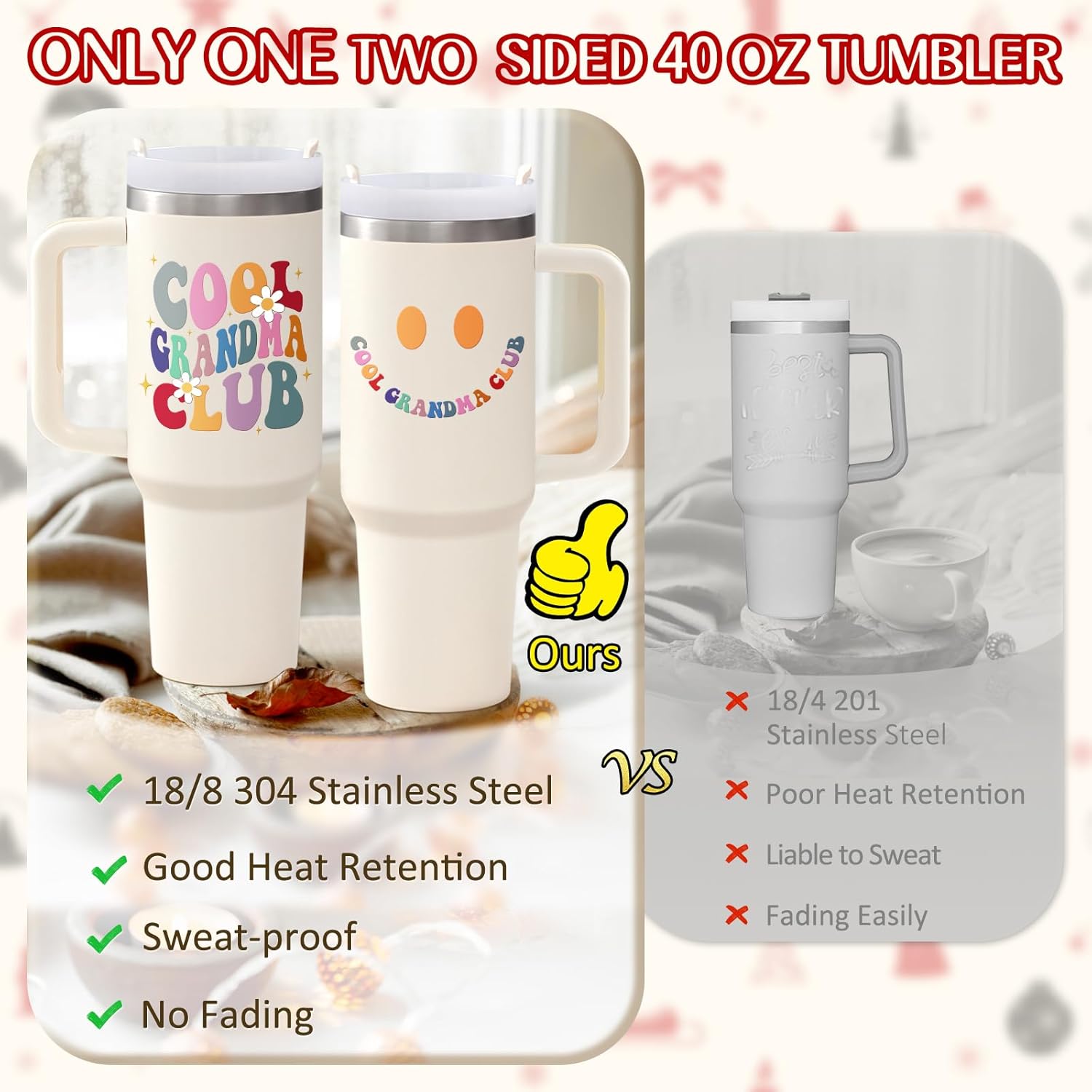 LiqCool Grandma Christmas Gifts, 40 Oz Cool Grandma Club Tumbler with Handle, Best Grandmother Gifts from Grandkids Granddaughter for Birthday Mother's Day(Cream) - Image 3