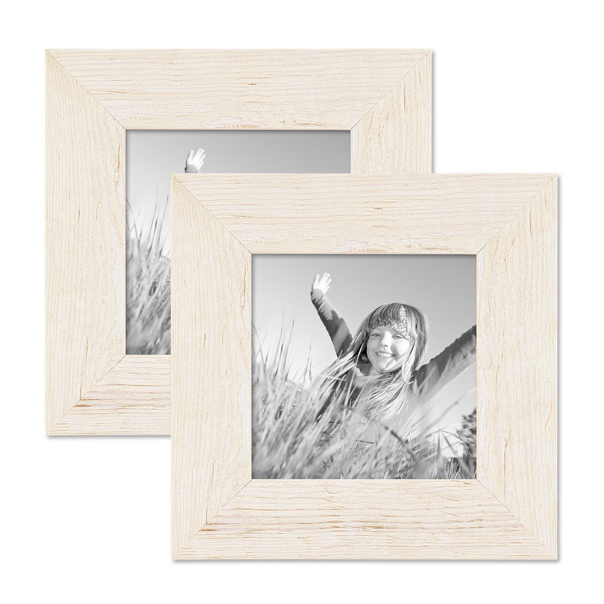 Bilderrahmen 10x10 cm Holz Weiß, 2er Set Echtholz-Rahmen rustikal, Strandhaus, Made in Germany, Echtglas, zum Aufhängen & Aufstellen, extra Zubehör - Treibholzlook mit einem Hauch Küstenflair