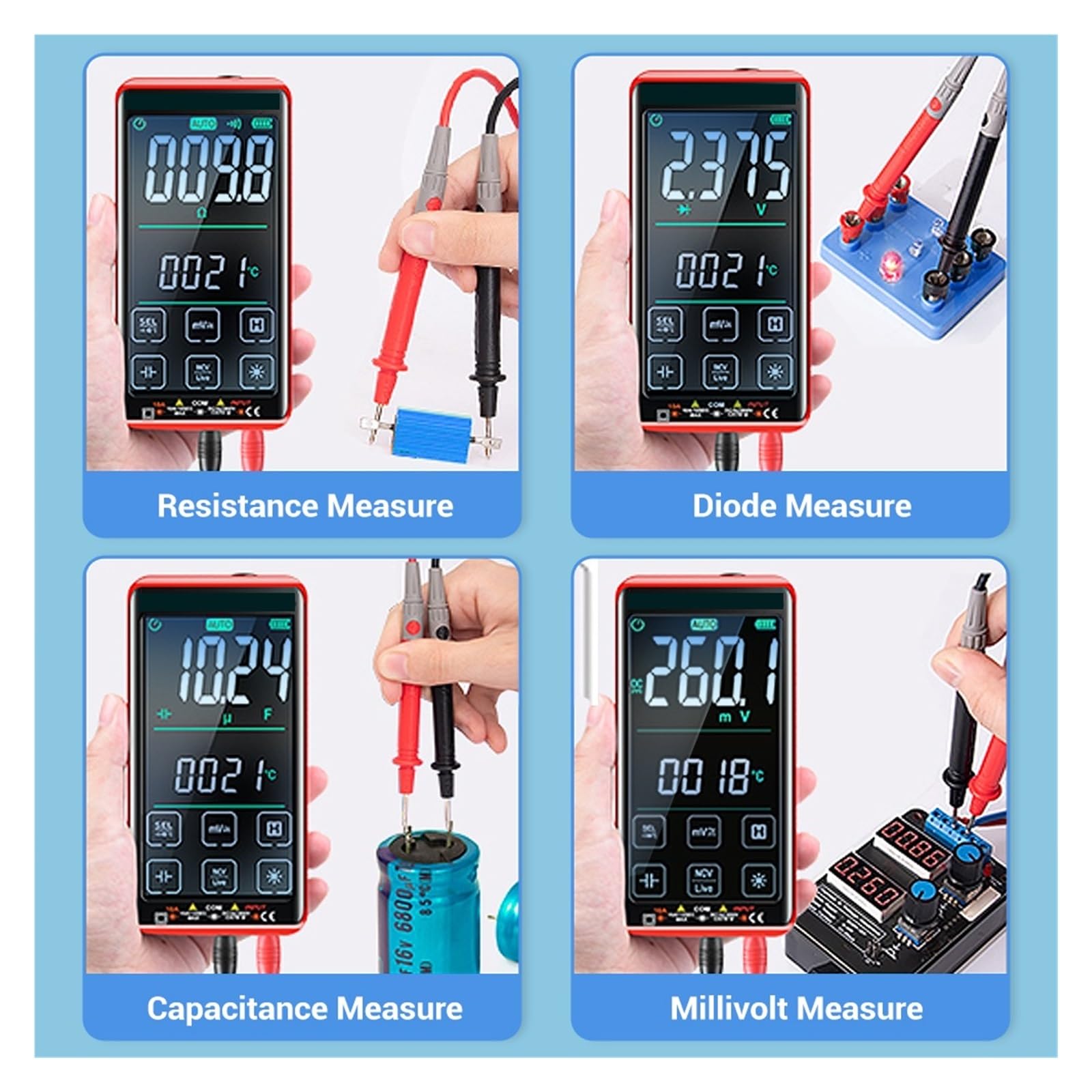 Comprobador MultíMetro Multímetro Táctil Automático Multímetro Digital Inteligente Electricista Profesional Ohm Capacitancia 10A AC DC Multímetro Precisión Seguro(2Pcs Touch Red)