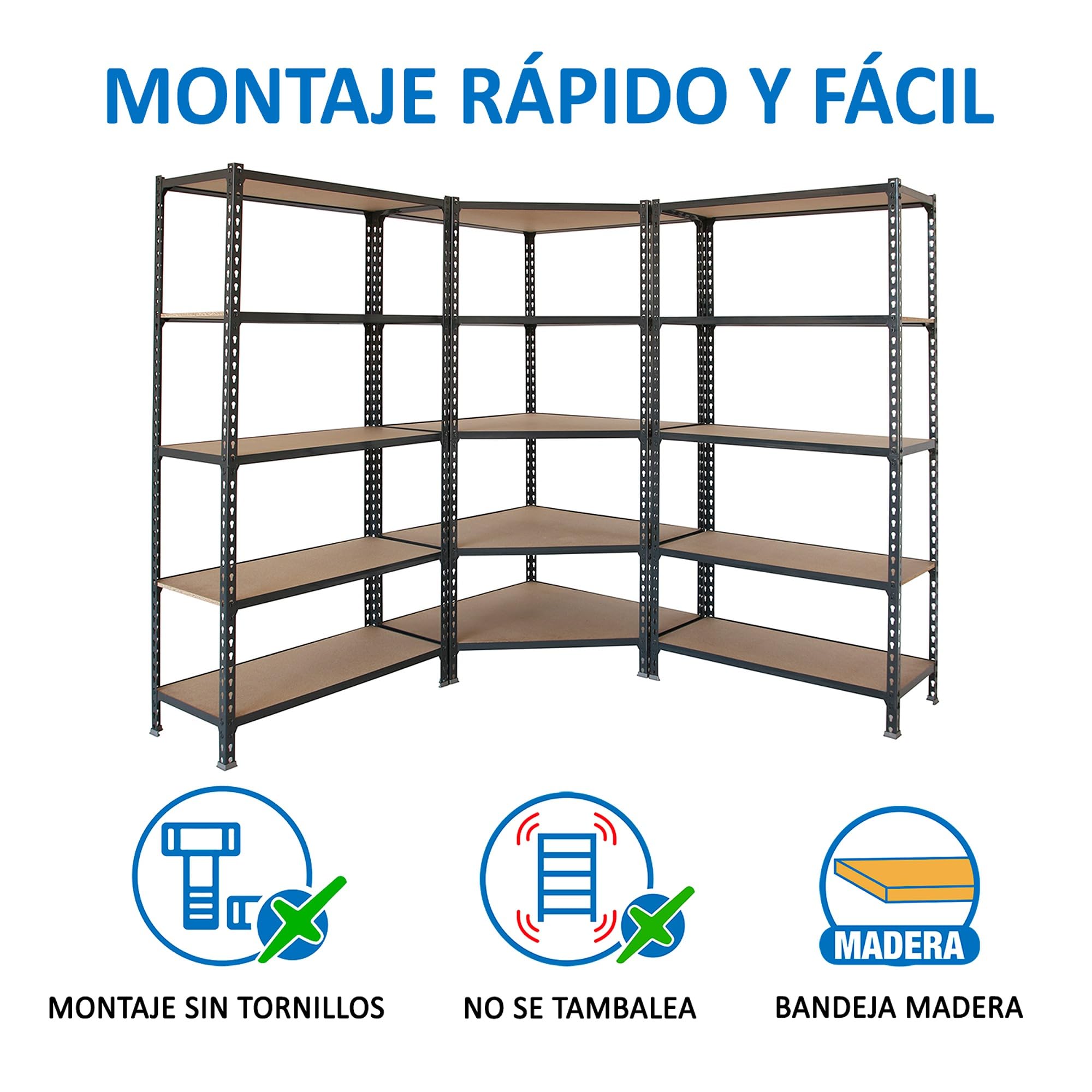 Simon Rack Estanteria Esquina Metalica, 1800x1800x500 mm, 5 Baldas Madera, 200 kg de Punto Flexión, Estanterías Almacenaje, 1 Módulo Extra, Antracita/Madera - Maderclick Corner