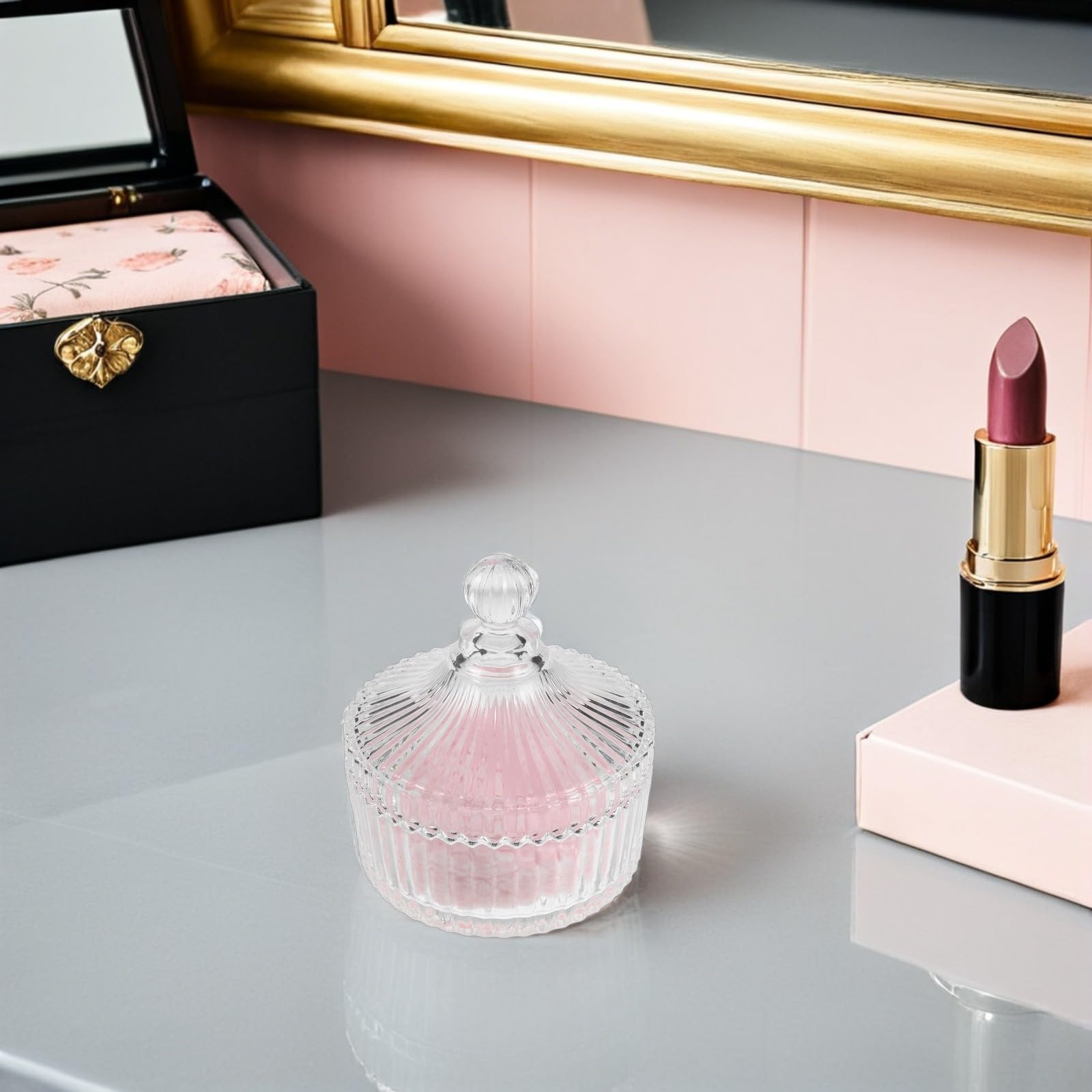 Piumino da Cipria Extra Grande Rosa in Peluche Barattolo di Vetro Rotondo per Viso e Corpo Finitura Naturale e Comodo Contenitore per Donne