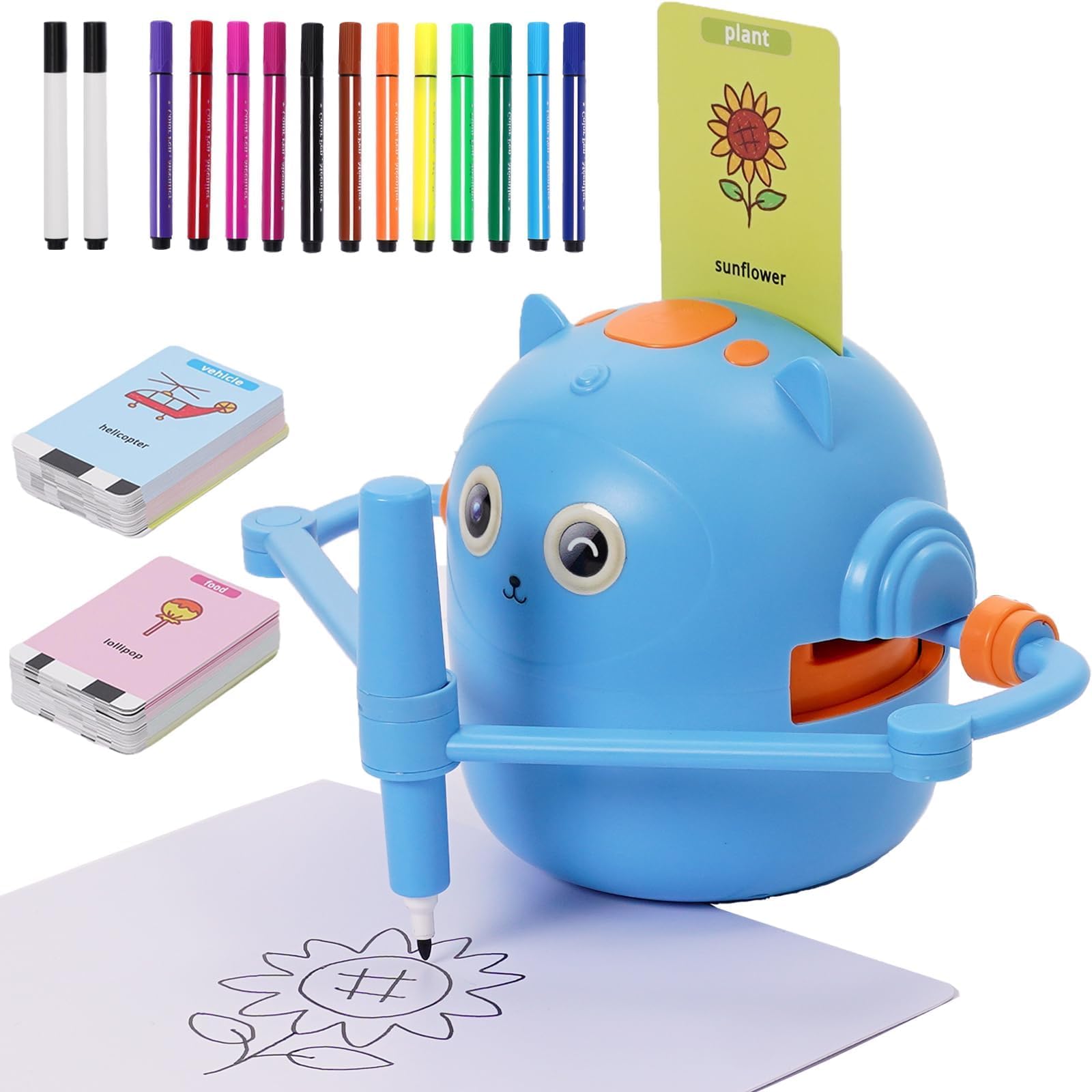 Robot Dessinateur Pour Enfants Avec Guide Vocal, 14 Stylos + 100 Cartes – Apprendre à Dessiner En S'amusant, Jouet Éducatif Interactif Dès 3 Ans (Bleu)