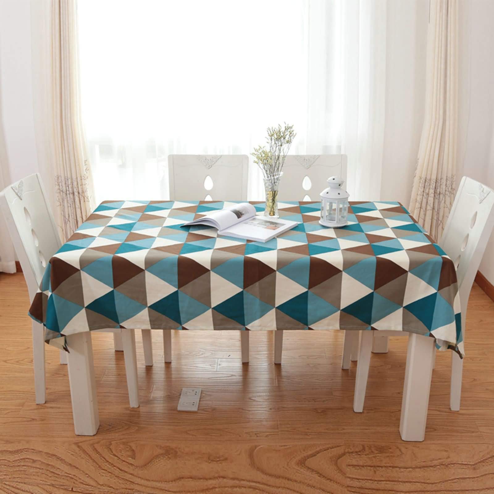 Copritavolo Rettangolare Cucina Blu, Motivo a Triangolo, in Cotone Lavabile, 130 x 180 cm, per Casa